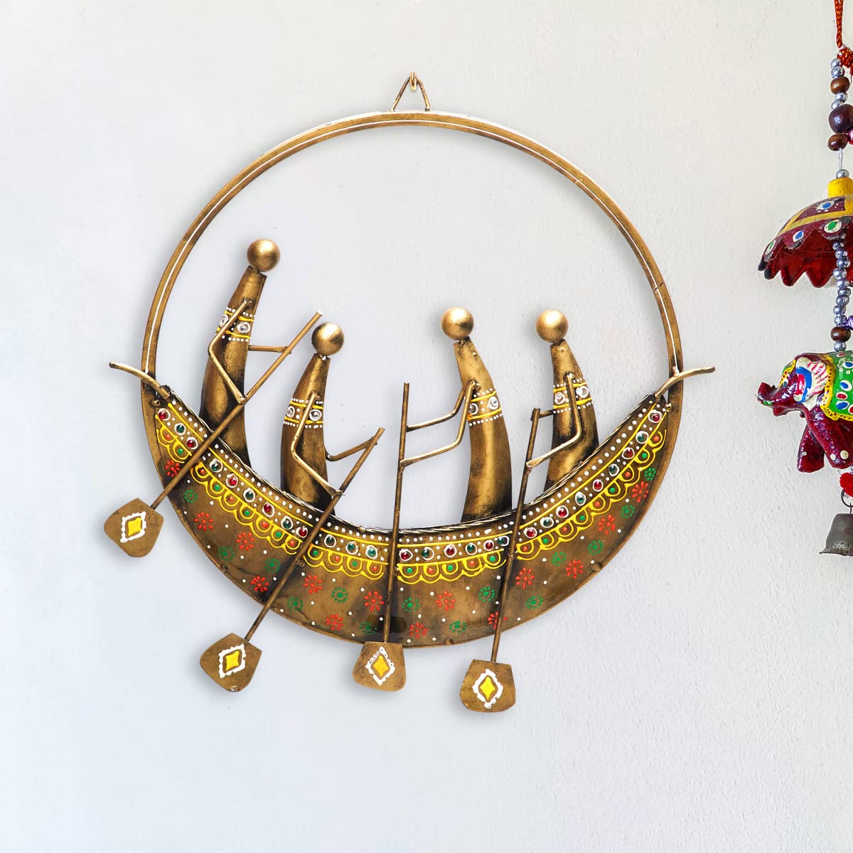 Home Centre Corsica Mystic India Gold Embellished Boat Men Iron Wall Decor - 36x36cm