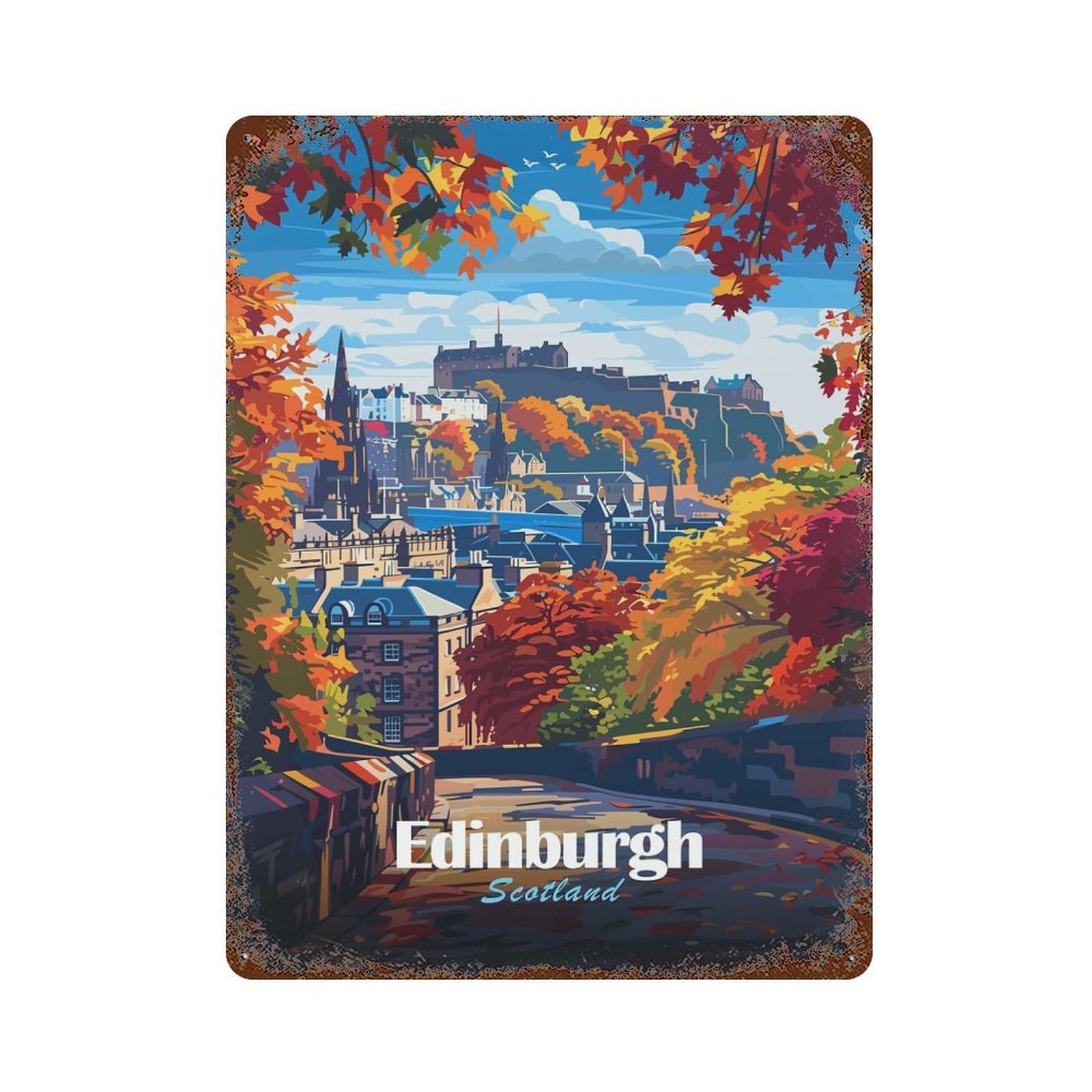 Edinburgh Scotland Autumn Landscape 15.7"x11.8" Rust Effect Tin Sign, Decorative Metal Wall Art for Garage, Bar And Workshop Decor
