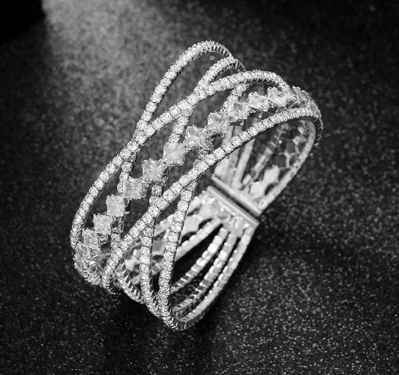 Rhinestone Bracelet Multilayer Cuff Bracelet Sparkling Crystal Layered Bridal Bracelets for Women - Image 4