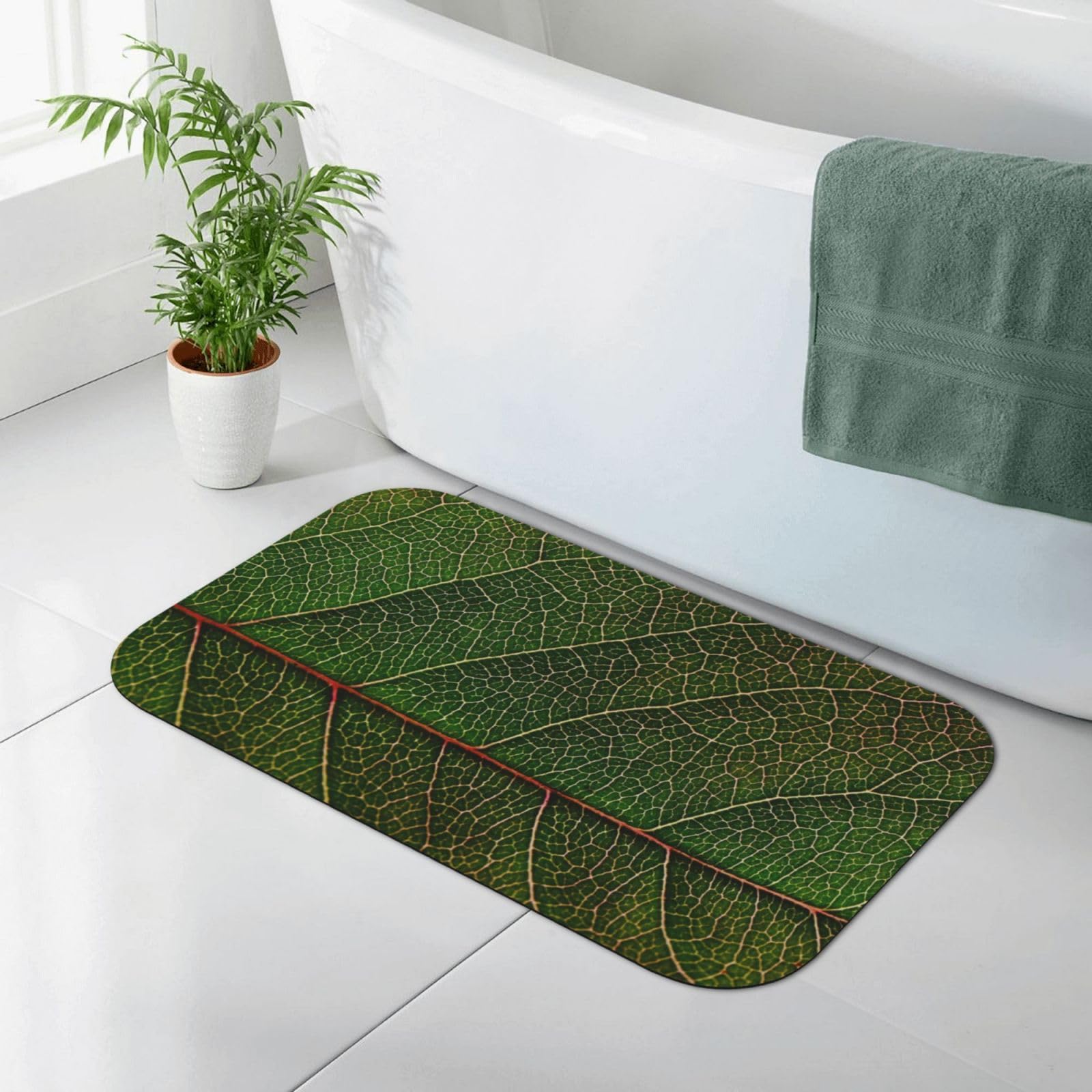 Tapis de salle de bain en caoutchouc FURLOU motif feuilles vertes 50x80 cm