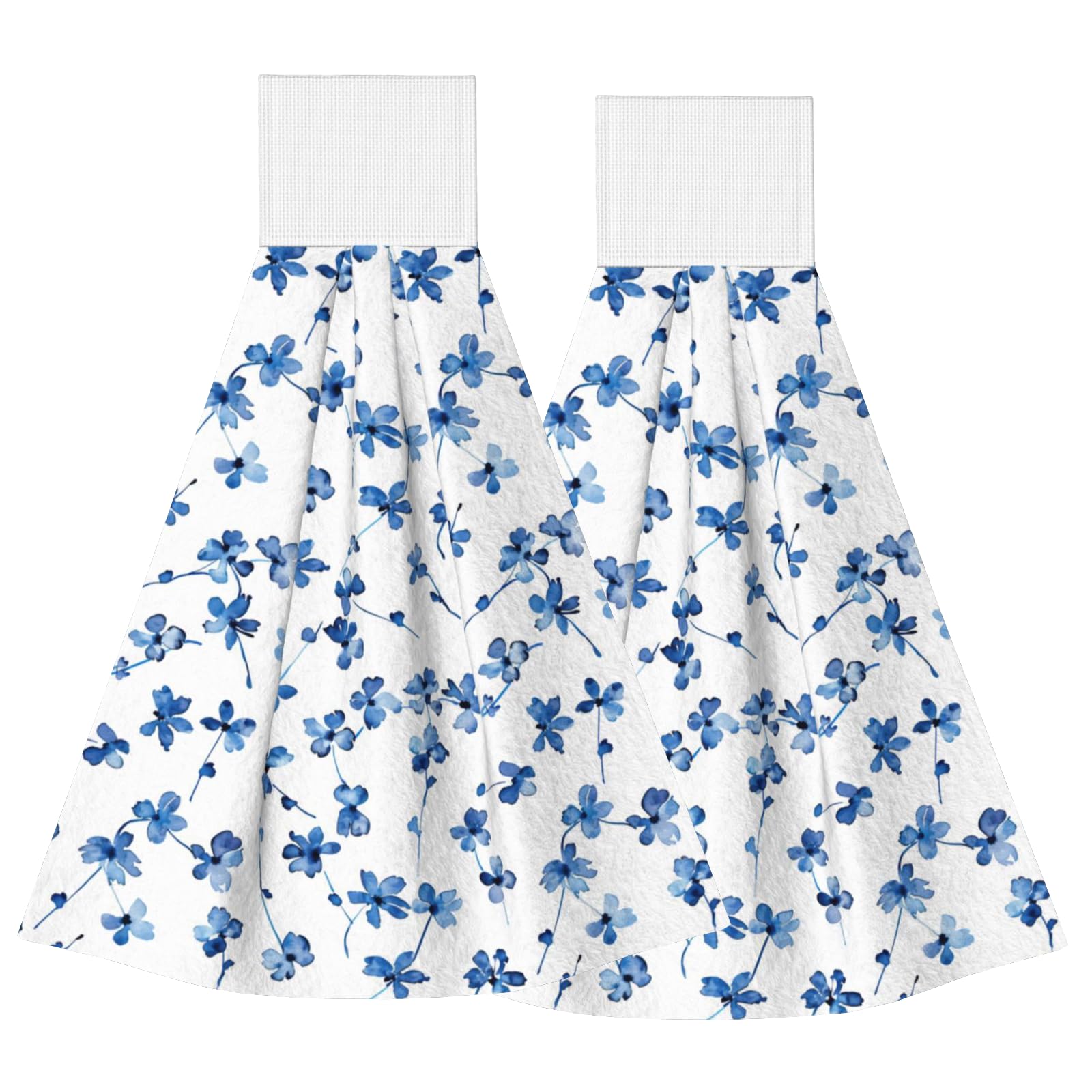 YINFILAN Hanging Kitchen Towels with Loop Set of 2 Watercolor Blue Flowers Drying Hand Tie Towel Soft Vintage Dish Cloth Tea Towels for Bathroom