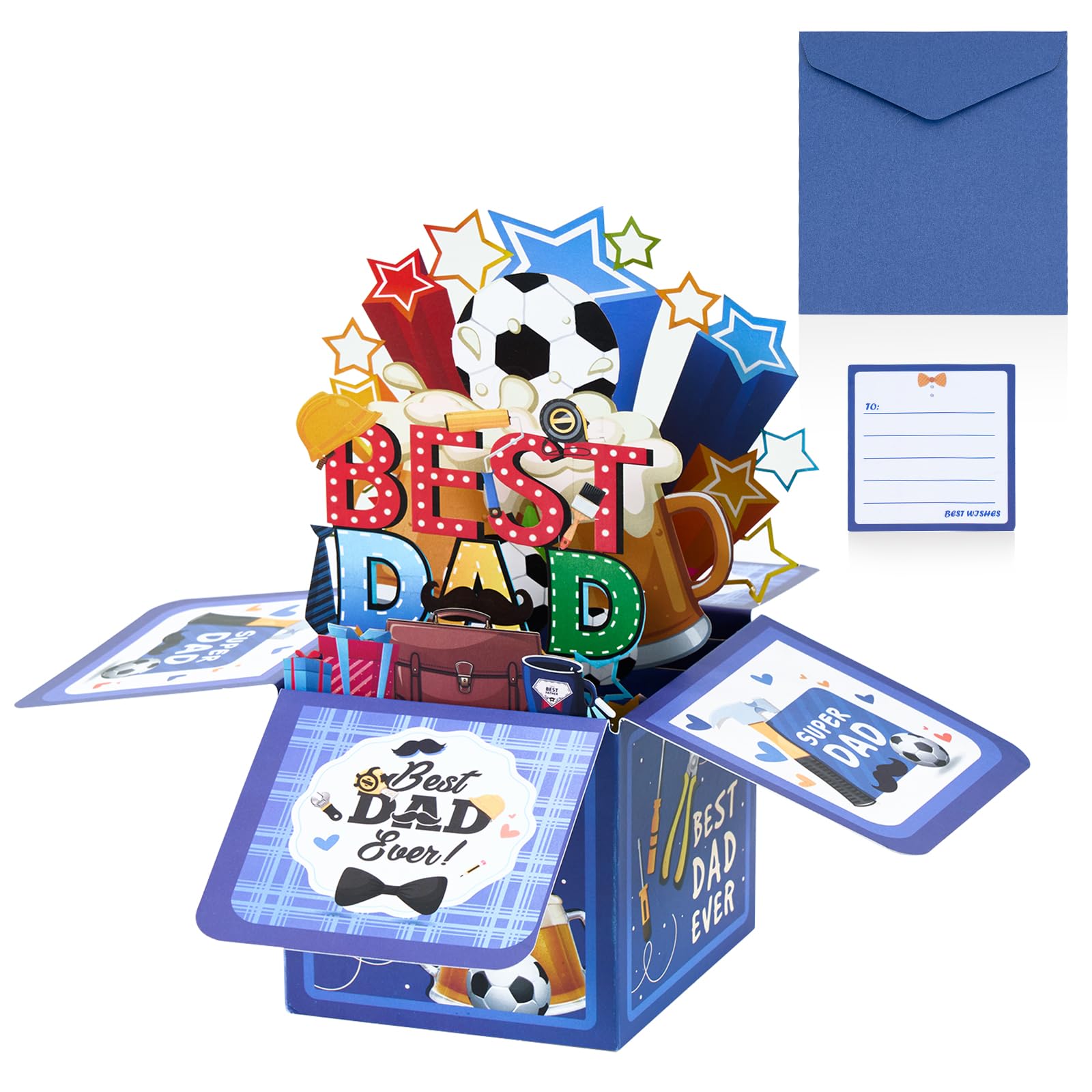 Happy Fathers Day Card 3D Pop Up Father’s Day Card Best Dad Fathers Birthday Greeting Card with Envelope from Daughter Son for Dad