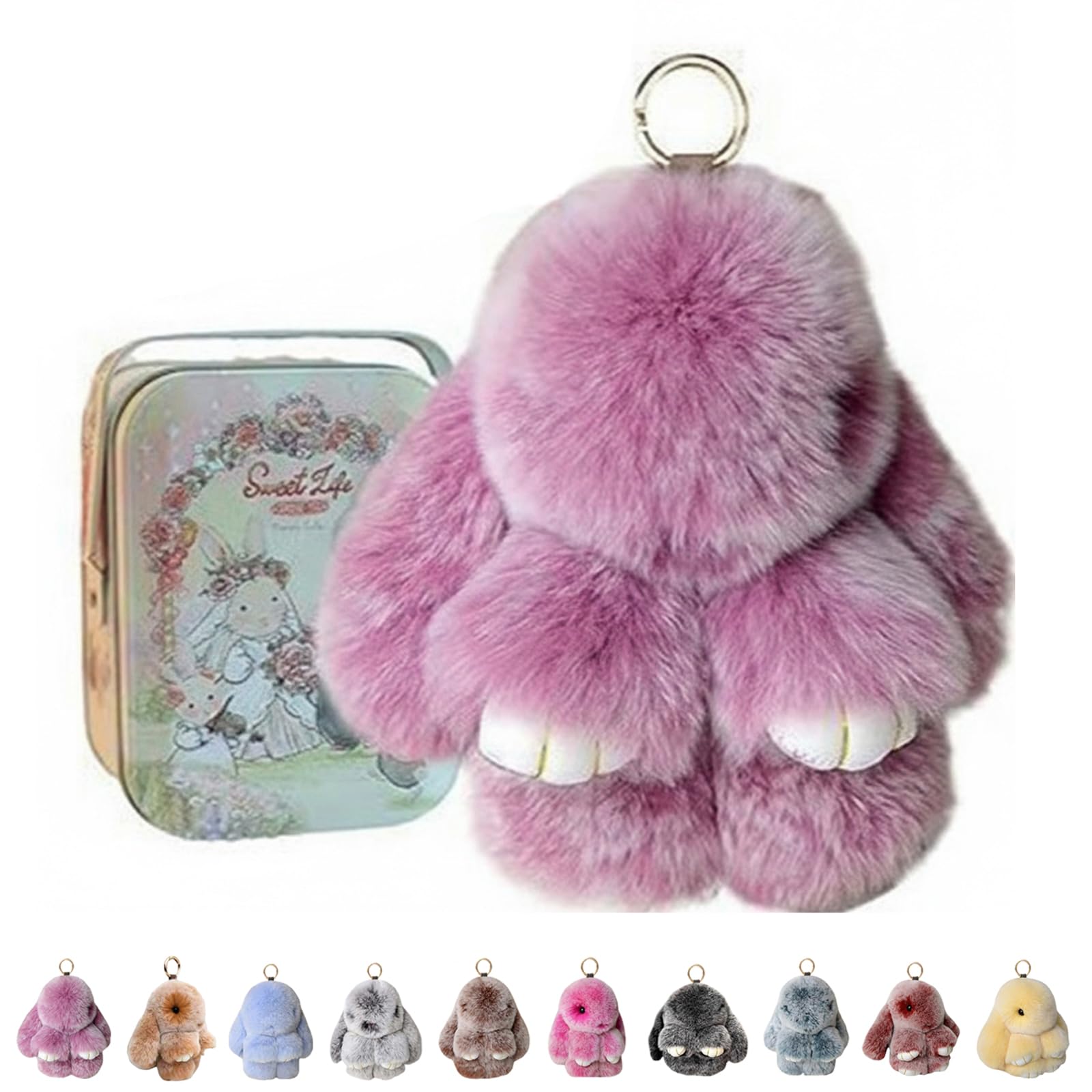 ByteCraft Bunnylulu Keychain With Tin Box, Soft Plush Bunny Keychain, Fluffy Rabbit Key Ring Charm for Easter, Handmade Cute Ornament for Handbag & Backpack