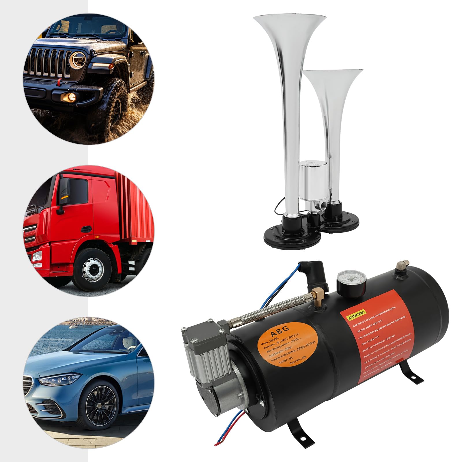 Compresor de aire 12 V, compresor de aire comprimido 150 psi con 3 L, cobre, modelo ON-688, para coches y barcos, con cuernos de aire, color negro