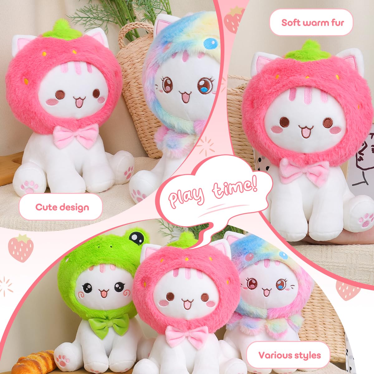 ★新作★ ハンドメイドぬいぐるみ　⁂みるくねこちゃん❤️イチゴつみ ⁂ ☆新作☆ ハンドメイドぬいぐるみ⁂みるくねこちゃん❤️イチゴつみ ⁂