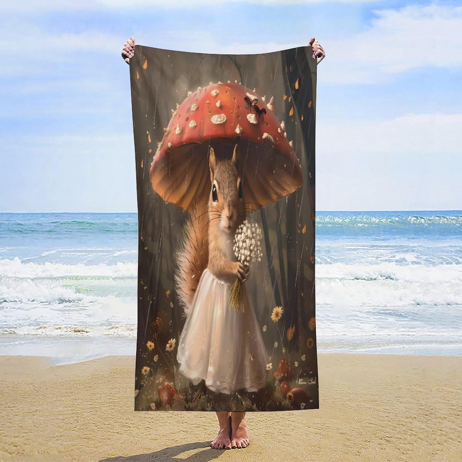 Lady Squirrel with Umbrella Bath Towel Beach Towels Quick Dry Oversized Bath Blanket Highly Absorbent Towel for Women Men 160x80cm