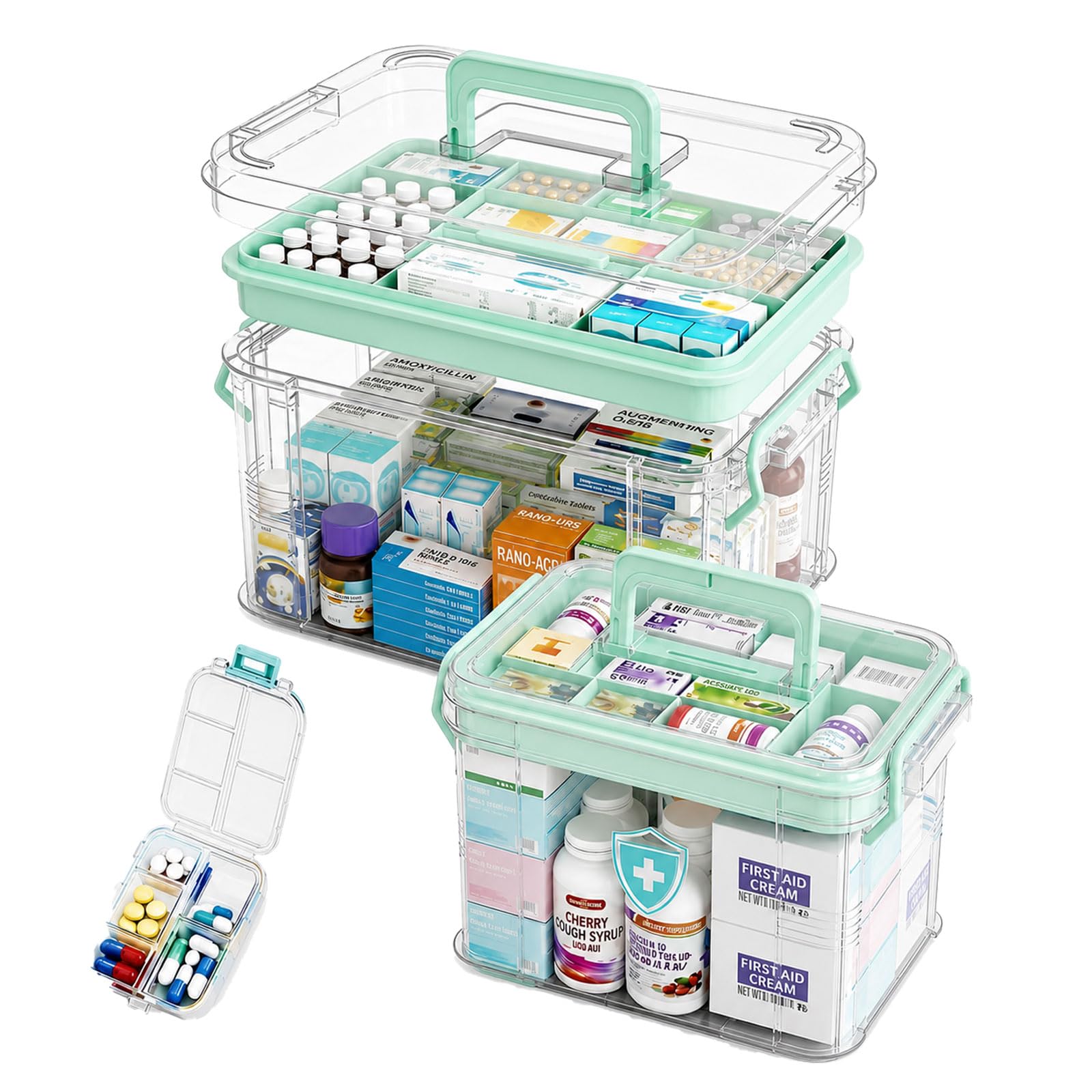 Boîte de rangement transparente 15 l avec compartiments pour pharmacie d'urgence (Lot de 2)