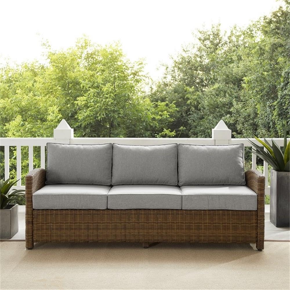 Pemberly Row Fabric and Rattan Outdoor Sofa, Wicker Seating for Relaxing, Entertaining, or Lounging in Exterior Spaces, Gray and Brown