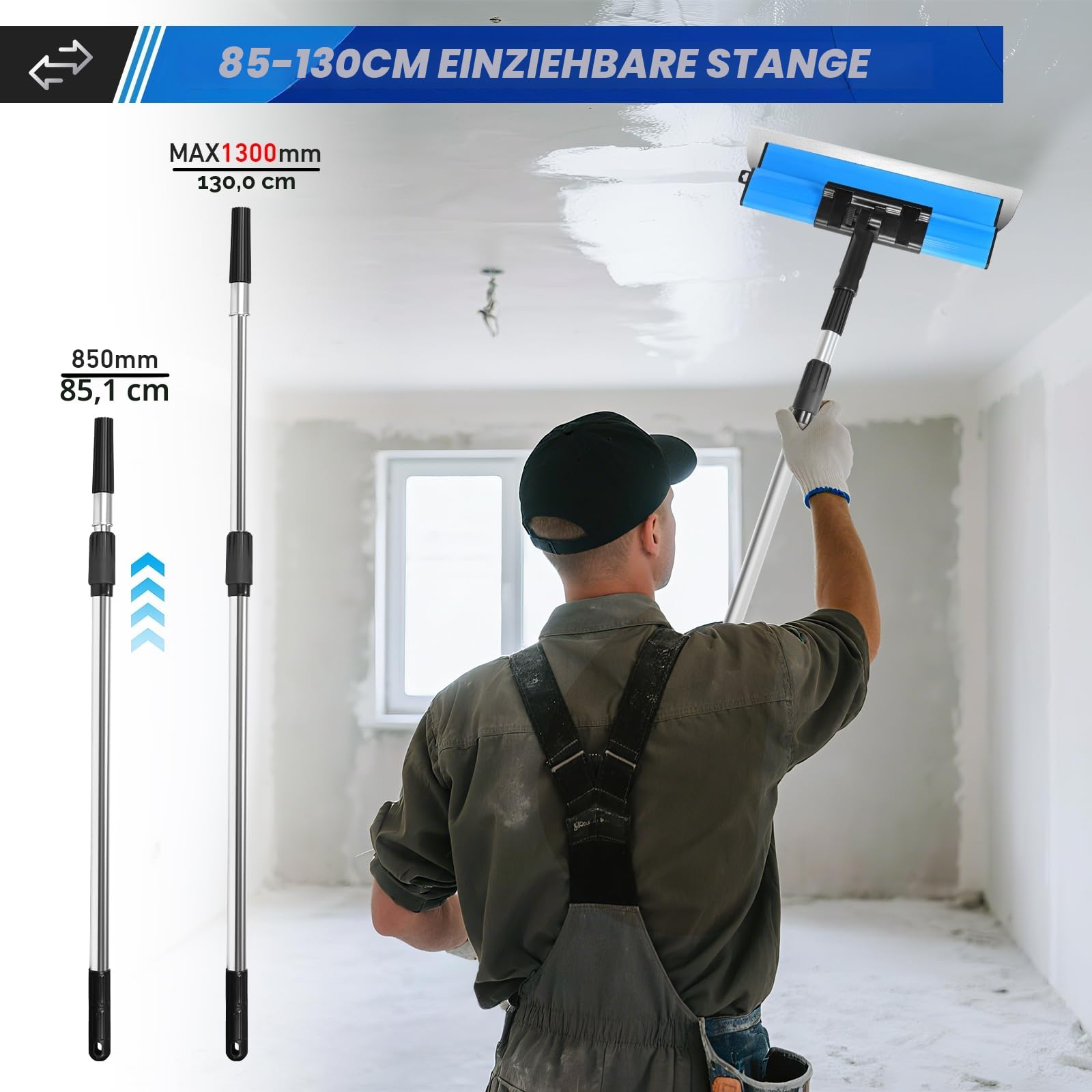Spatule Enduit Lissage Set, comprenant 5 grattoirs de surface (190 mm demi-lune 250 mm 400 mm 600 mm 800 mm) avec lames de rechange 2 grattoirs à main tige télescopique en aluminium (Bleu)