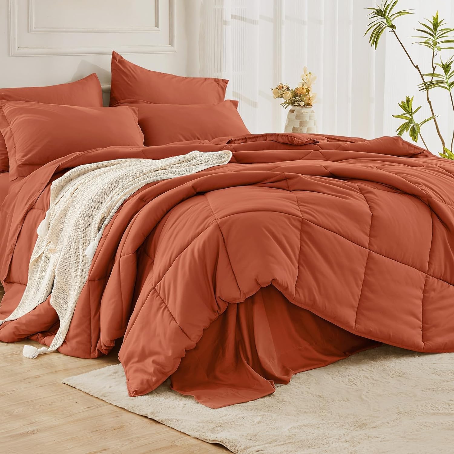 JOLLYVOGUE Queen Comforter Set, Ultra-Soft Bed in a Bag Queen Size 7 Pieces, Oeko-TEX Certified Bedding Set with Down Alternative Comforter, Sheets, Pillowcases & Shams, Burnt Orange - Image 6