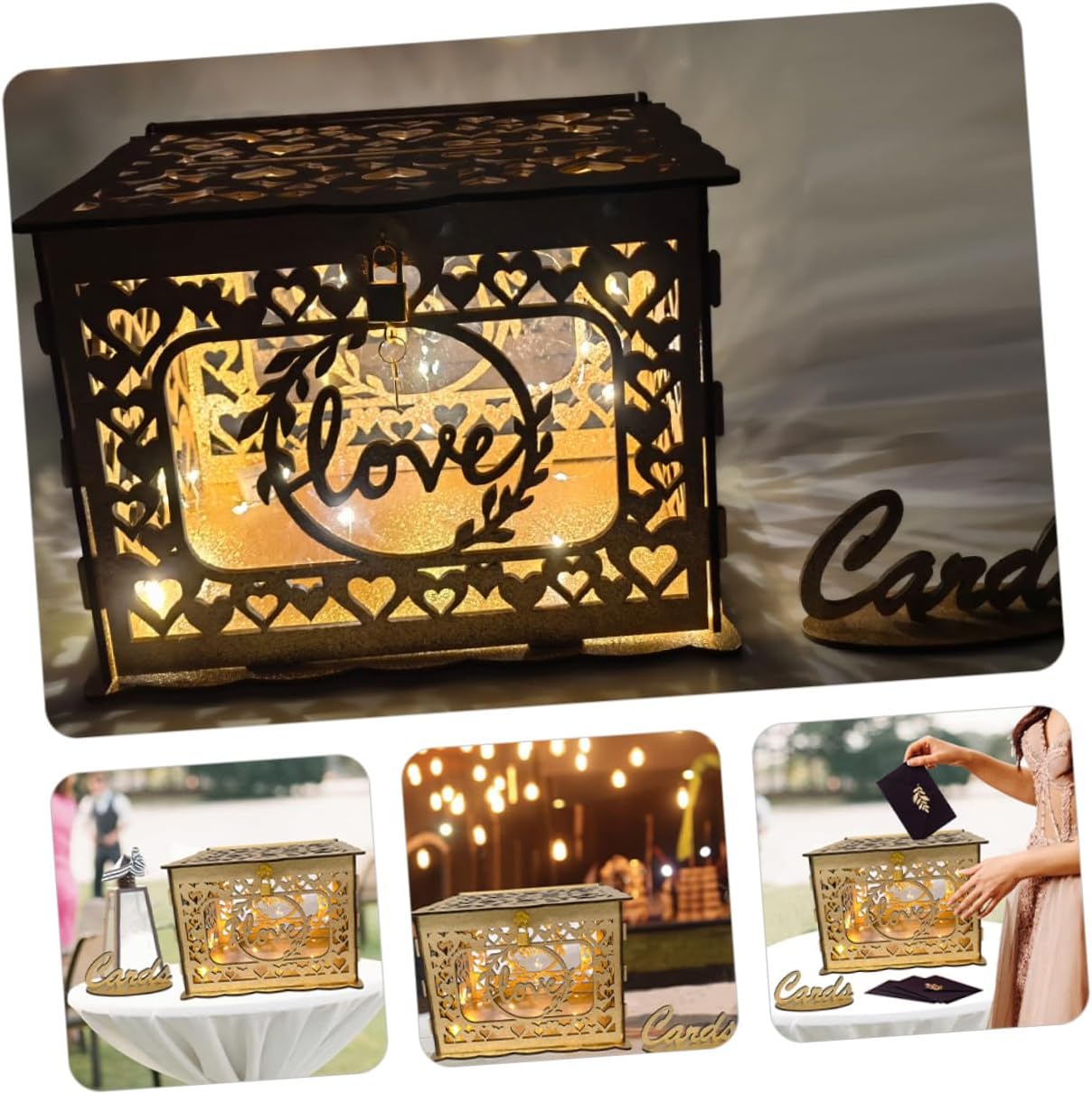 Wooden Hollow Wedding Card Box with Glitter Portable Card Holder for Anniversary and Birthday Party Decorations