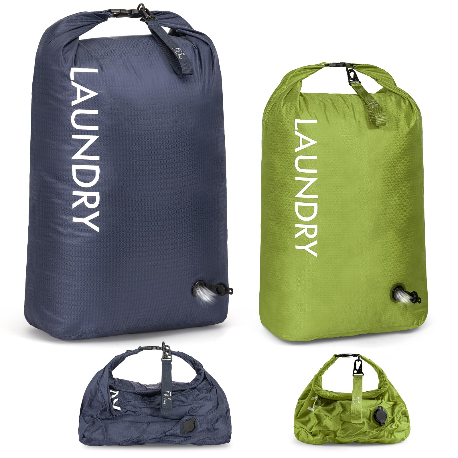 WiseBoy Travel Laundry Bag 2 Pack, Compression Laundry Bag for Dirty Clothes, Waterproof Wet Dry Bag, Pump-Free Space Saving Organizer for Suitcase Packing, Gym, Swim, Camping (Navy Blue & Green)
