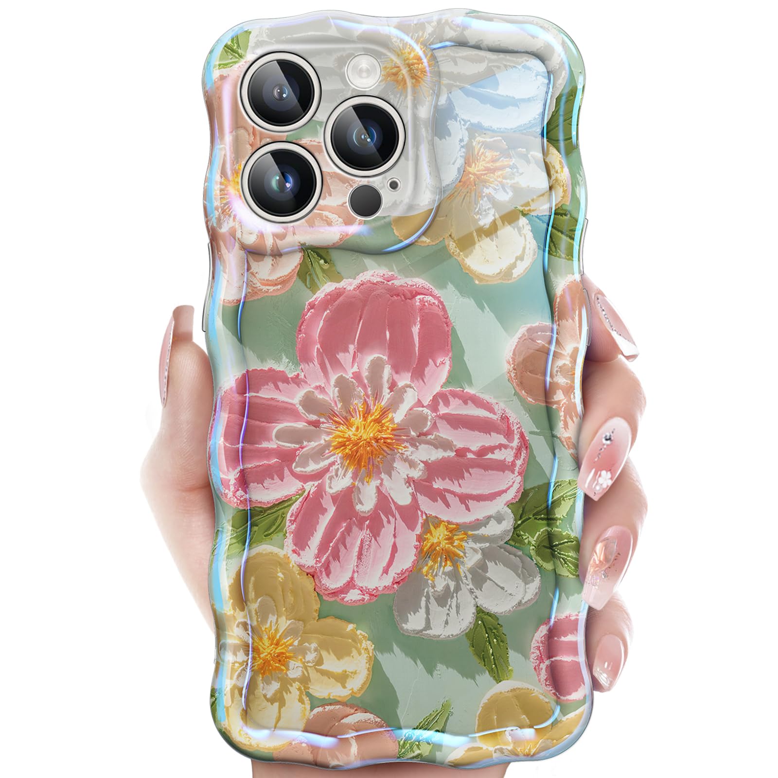 JETech Cute Case for iPhone 13 Pro Max 6.7-Inch, Colorful Retro Oil Painting Floral Design Curly Wave Frame, Stylish Flower TPU Soft Protective Phone Cover for Women and Girl (Pink Flower)