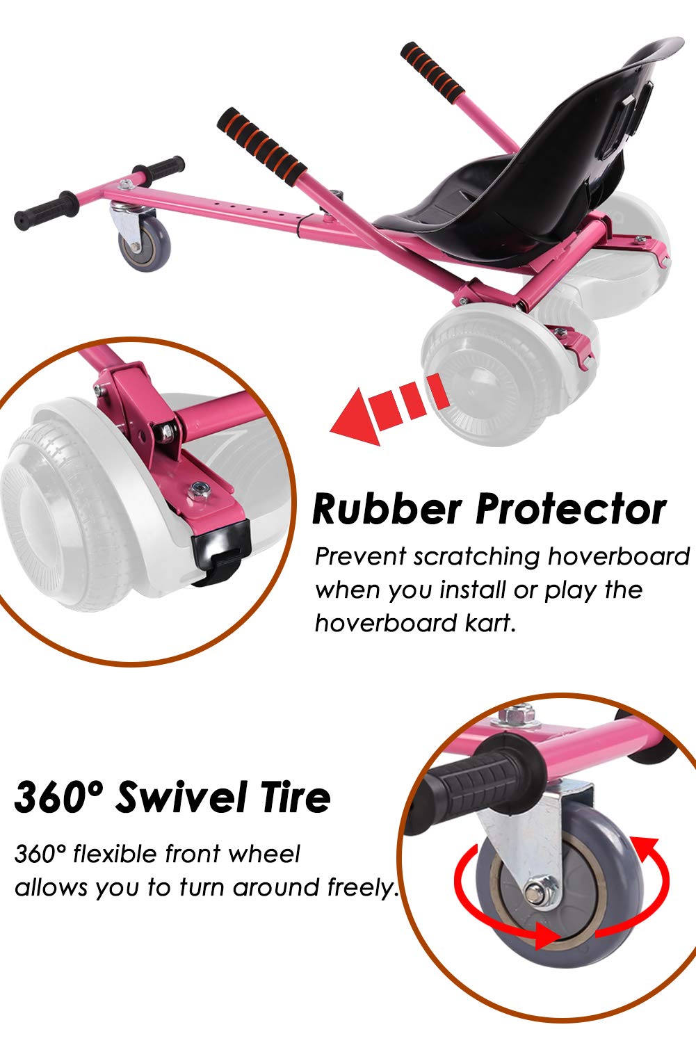 KUMAMOT Hoverboard Seat Attachment for 6.5” 8” 10” Hoverboard, Go Kart Cart Conversion Kit, Accessories for Self Balancing Scooter, Hoverboard Cart for Kids and Adult, Adjustable Frame Length, Pink