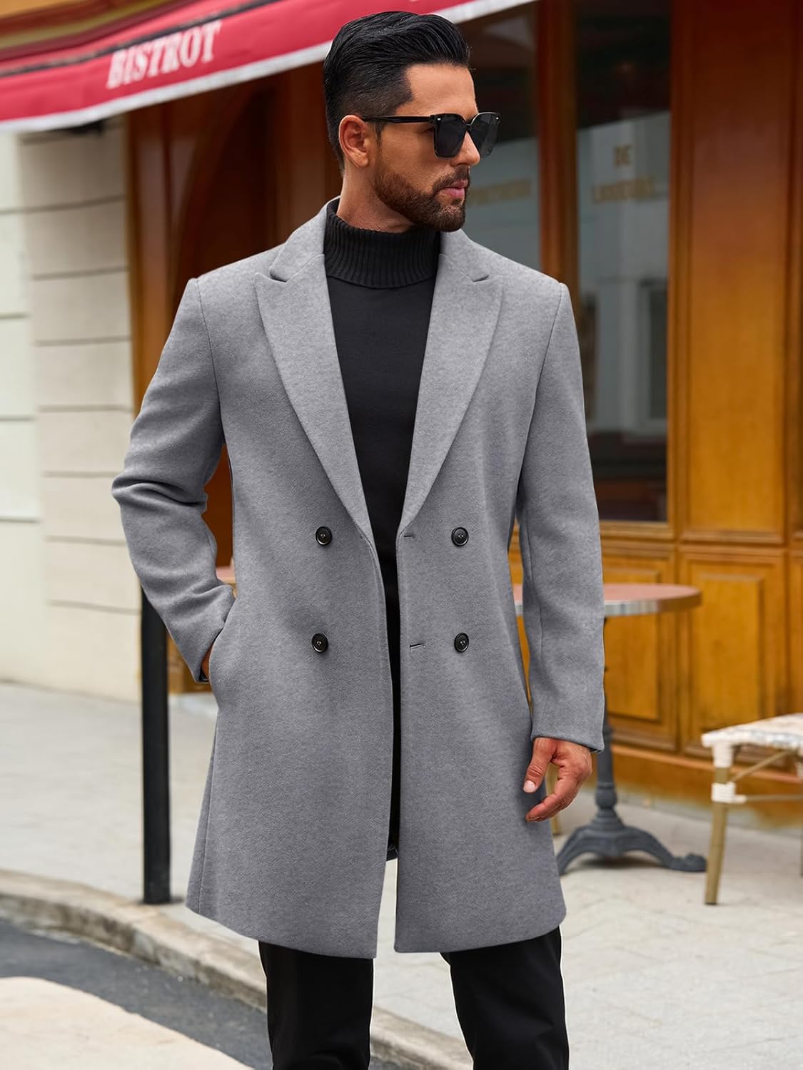 Runcati Mens Trench Coat Notched Lapel Double Breasted Mid Long Pea Coat Casual Fall Winter Classic Overcoat - Image 2