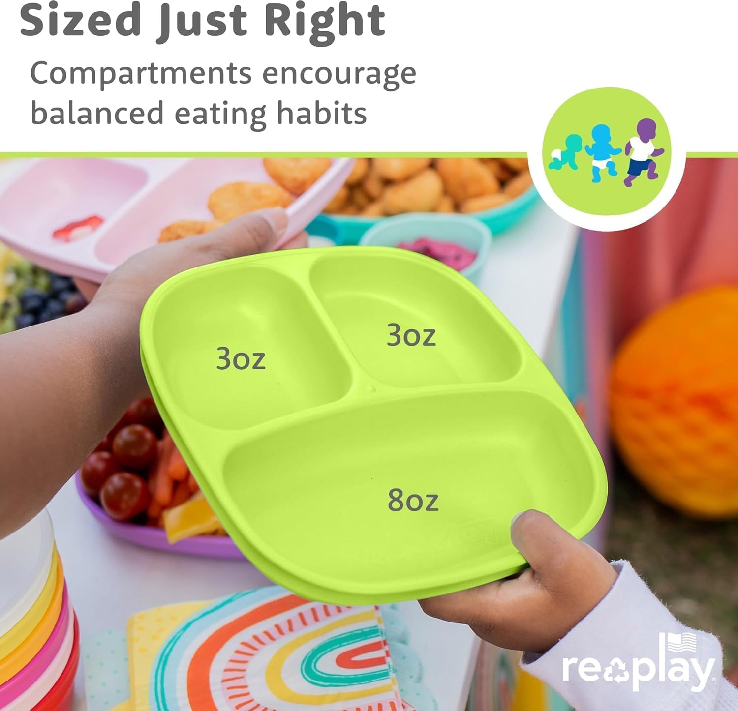 Re-Play Dinnerware Set for Toddlers – 6 Deep-Walled Divided Compartment Plates and 6 Stackable Bowls for Snack and Everyday Dining – Dishwasher/Microwave Safe – Made in USA – Sorbet