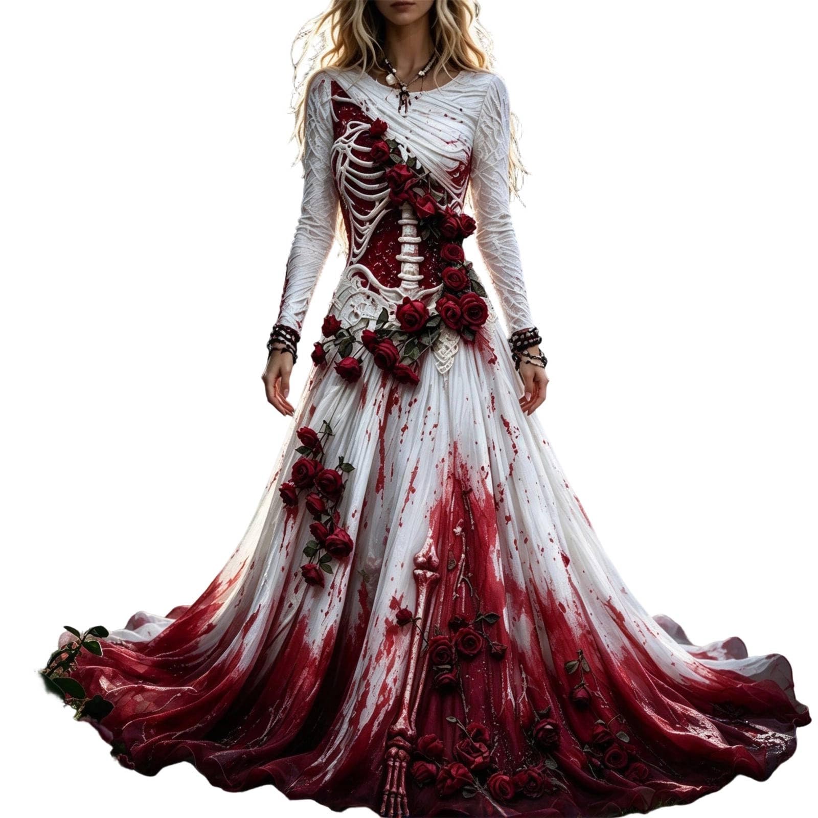 Gothic Dress Halloween Costumes for Women Skeleton Rose Print Maxi Dress Long Sleeve Round Neck Gothic Fancy Dress, Women Halloween Cosplay Costume Party Long Gown