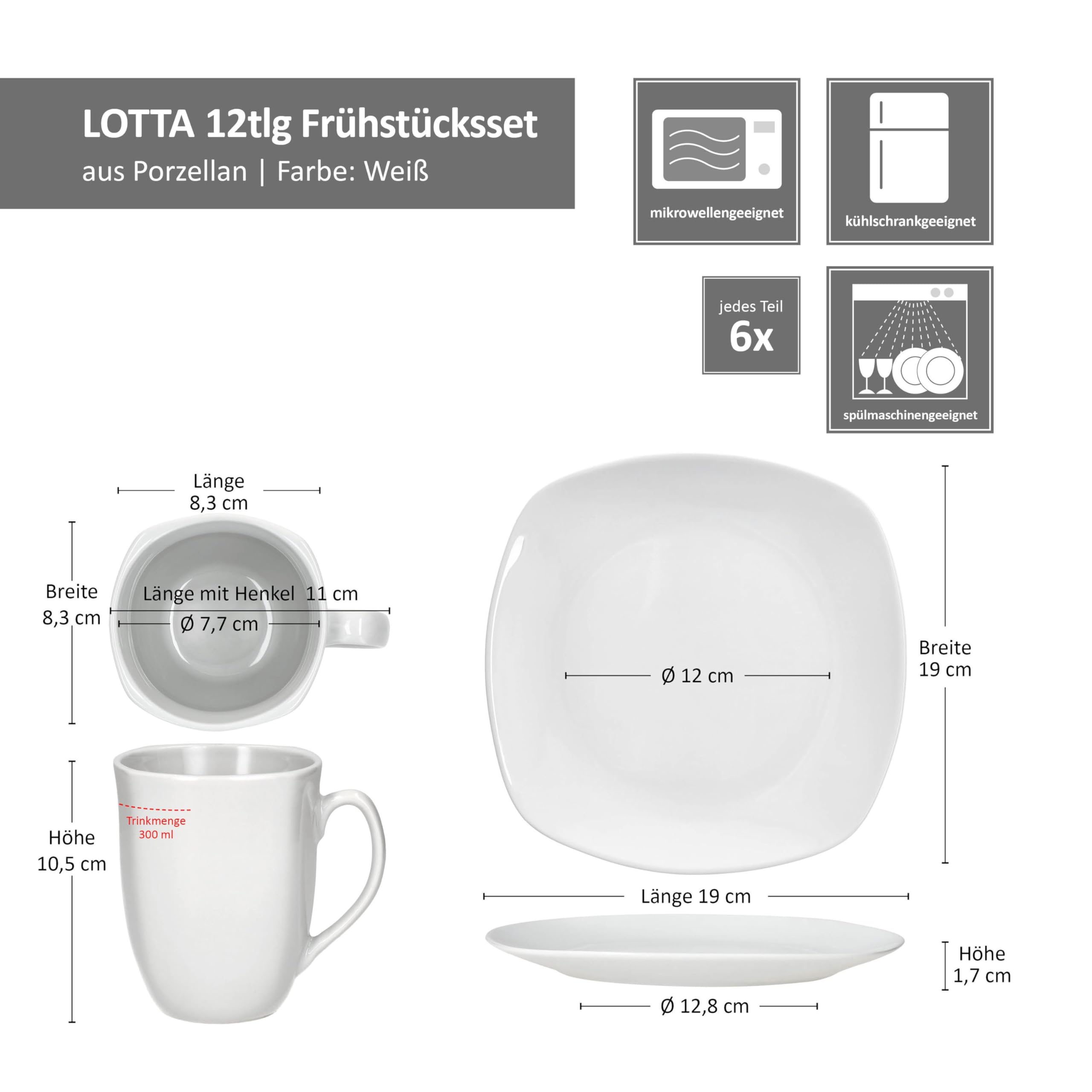 MamboCat Lotta 12-delige ontbijtset, wit porseleinen servies voor ontbijt- en koffietijd, 6 x borden en koffiekopjes 300 ml, hoogte 10,5 cm, voor 6 personen