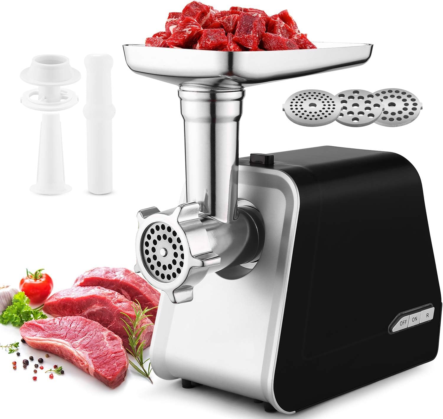 COOCHEER Tritacarne Elettrico 2000W Professionale, 3-IN-1 Tritacarne con 3 piastre di macinazione, Attacco per Salsiccia e Kubbe, Robot da Cucina per Carne, Salsiccia, Kebbe