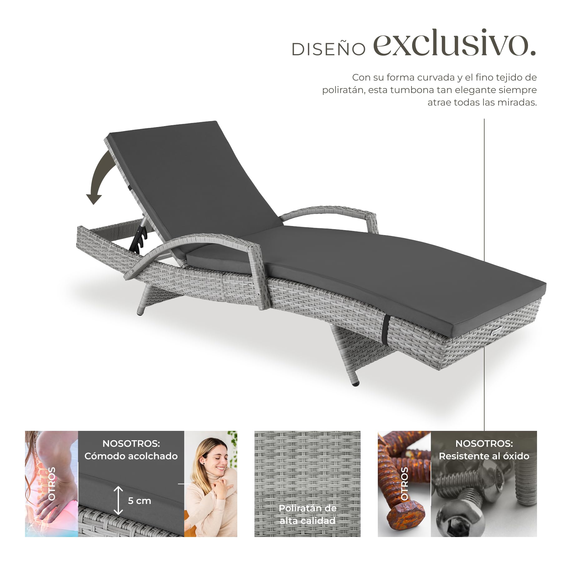 tectake® Tumbona Jardín Exterior de Ratán y Aluminio, Tumbona de Piscina con Respaldo Regulable en 5 Posiciones, Tumbona de Playa Impermeble y Resistente a Intemperie, Fácil Limpieza - Gris Claro