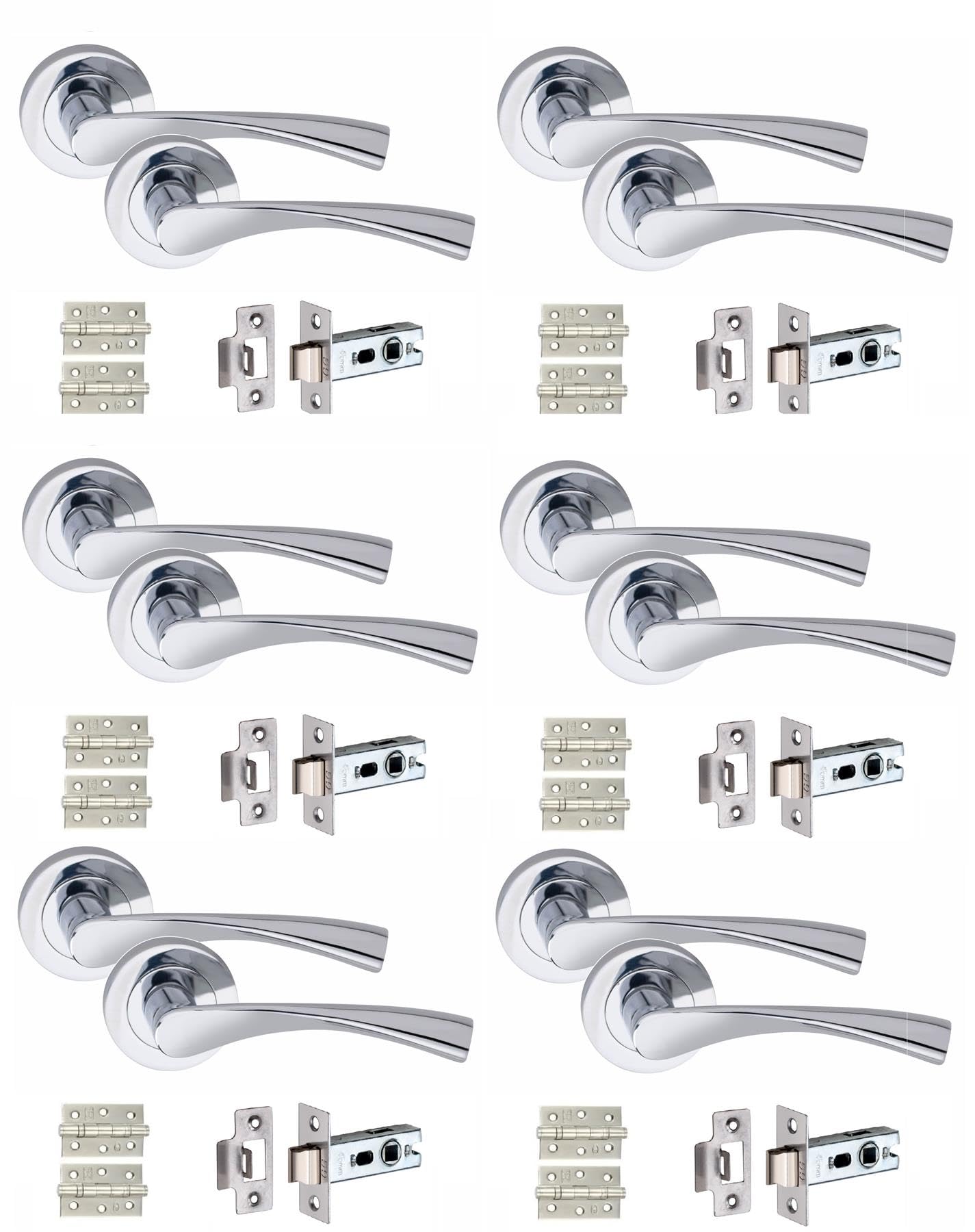 Golden Grace 6 Set Astrid Design Door Handles with Tubular Latch and 1 Pair of 3" Ball Bearing Hinges Polished Chrome Finish