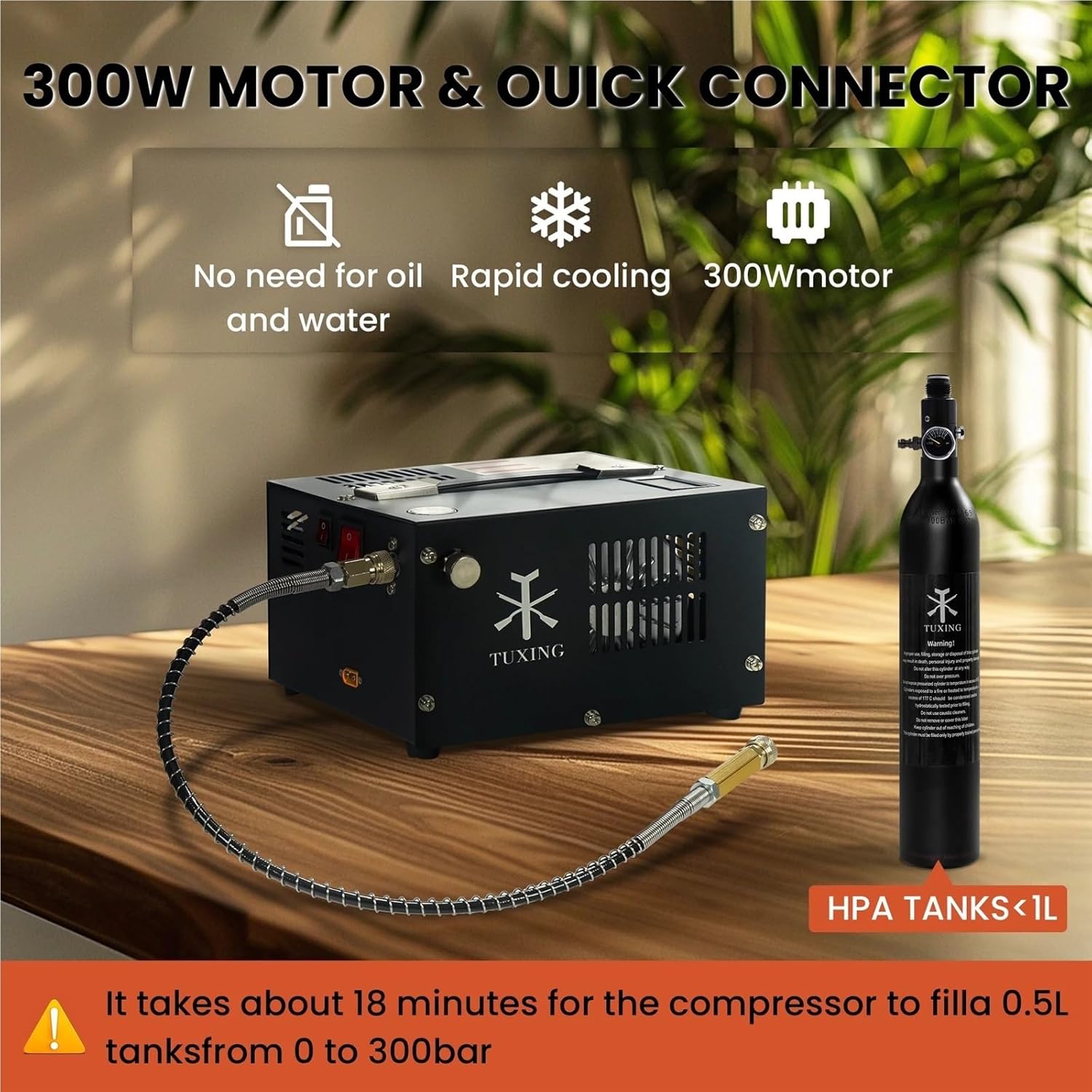 Image showing the TUXING TXES061 compressor connected to an HPA tank, highlighting motor and cooling features