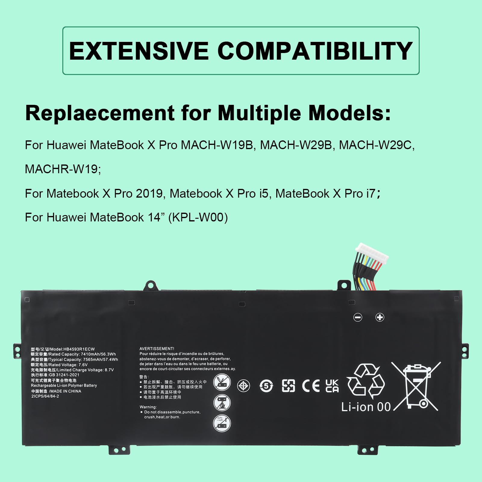 HB4593R1ECW Batteria Compatibile con Huawei Matebook X Pro i7 Mach-W29 2019 MACH-W19B MACH-W29C KLV-W19 KPL-W00 VLT-W60/50 Serie, MagicBook i5 8250U i7 8550U R5 2500U Serie