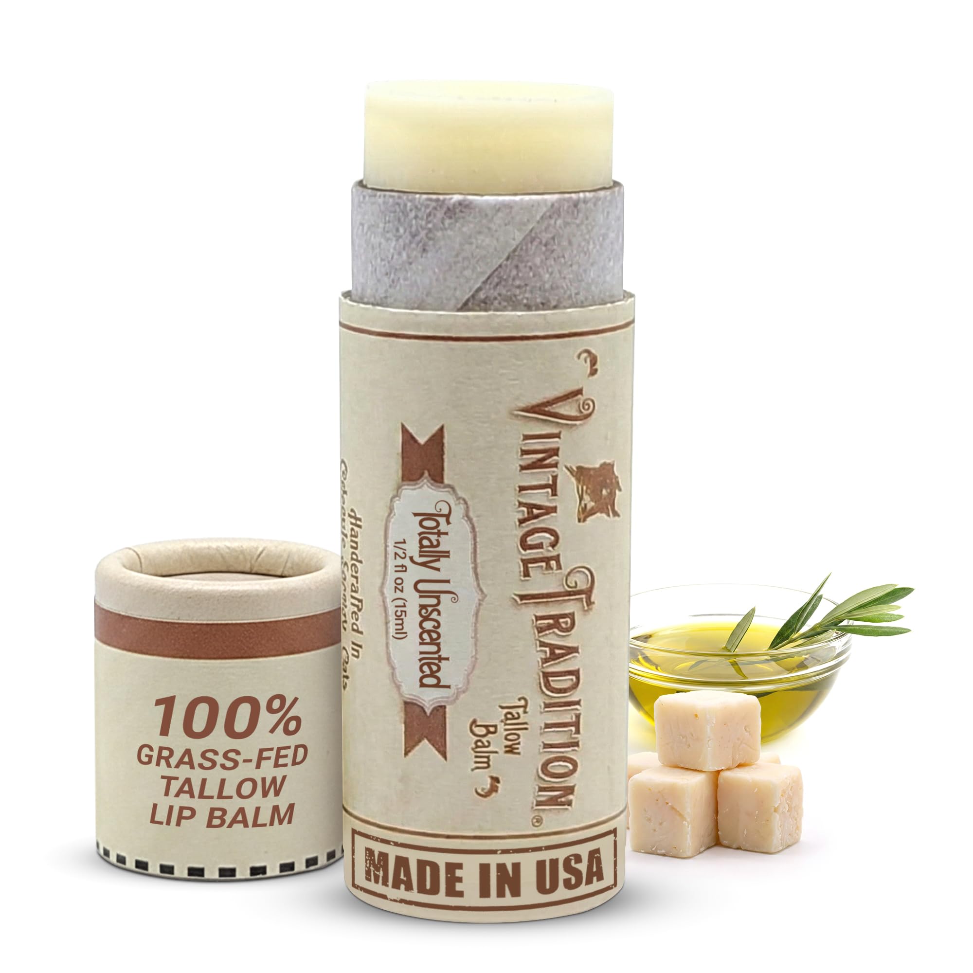 Vintage Tradition Moisturizing Beef Tallow Lip Balm – Unscented Tube Lip Moisturizer for Sensitive Skin Hydrates & Soothes Dry Lips – Grass-Fed Tallow Balm for Skin Care, 0.5 Fl. Oz.