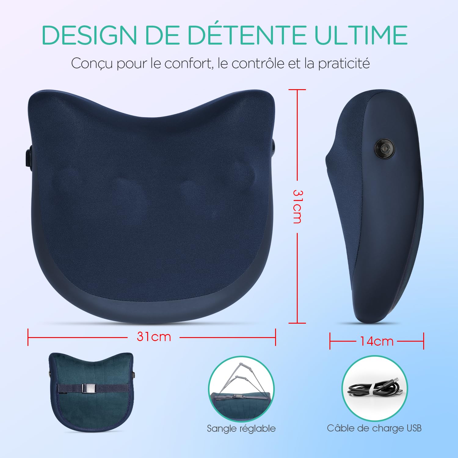 Coussin de Massage Shiatsu Sans Fil YZ300, Masseur de Nacken et Dos, Soulagement de la Douleur, Relaxation, Massage Profond Silencieux, Cadeau (Bleu)