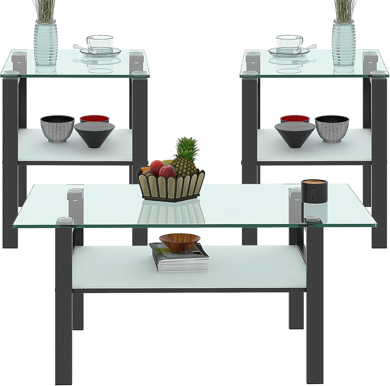 ODUSE-DAILY Square Glass End Table for Living Room, Bedroom Glass Top Side Table, Nightstand Corner Tables with Black Metal Legs, Transparent Clear Tempered Glass, Factory Direct Supply : Home & Kitchen