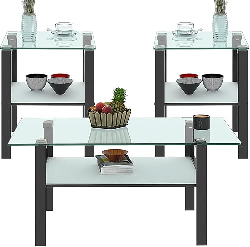 Miniatura 25 de Juego de 3 mesas de centro de vidrio templado, juego de 3 piezas, mesa de centro de cristal blanco y juegos de mesa auxiliar blanco 1,Todo negro