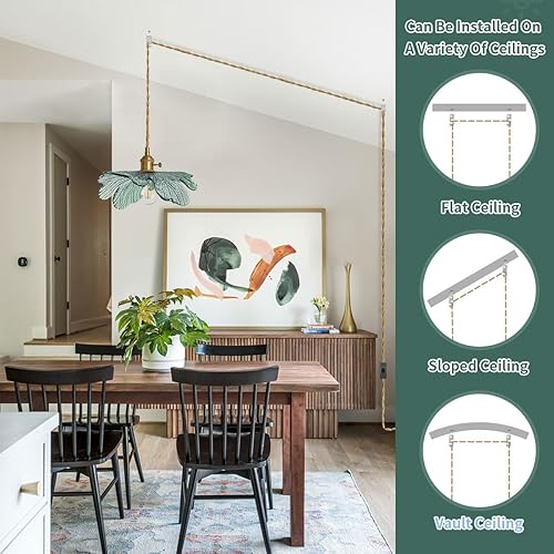 Miniatura 5 de Lámpara colgante para enchufar, moderna lámpara colgante de latón con pantalla de vidrio verde oscuro, luz colgante de 14.75 pies con cable de