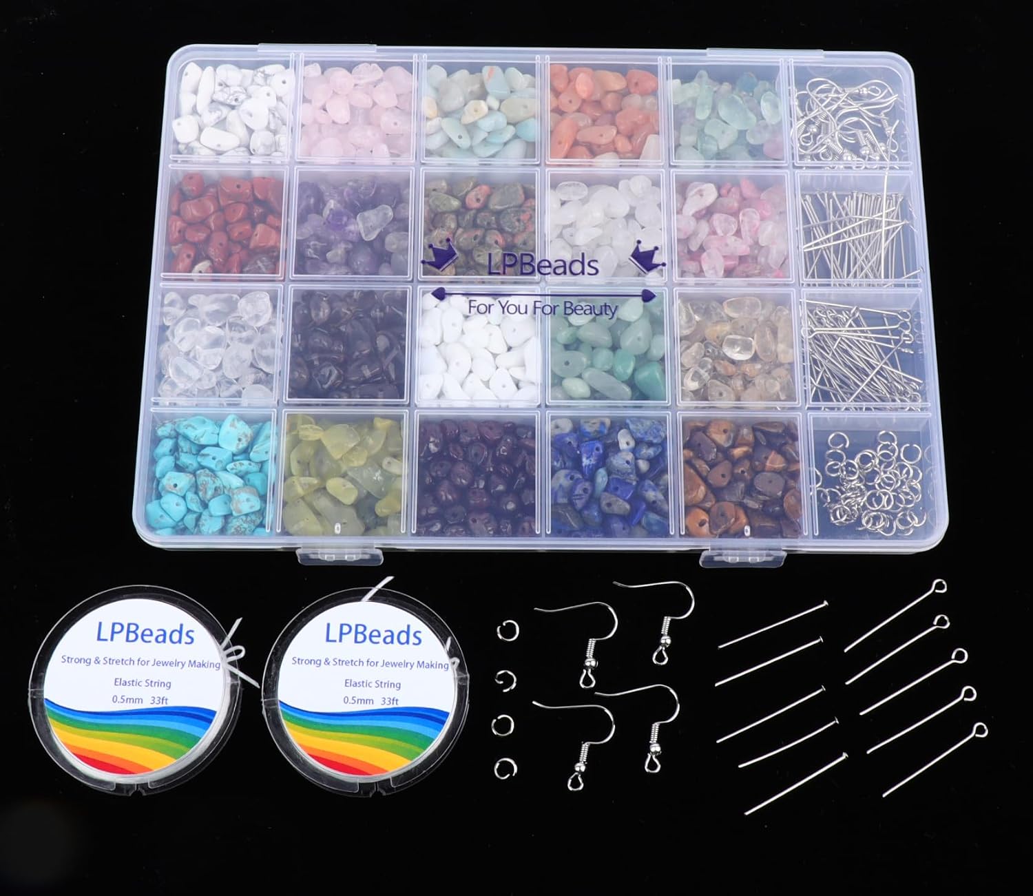 LPBeads Jewelry Making Kit 1200 PCS Natural Crystal Beads in 20 Colors Gemstone, Jump Rings, Earring Hooks, Pins, Elastic Bracelet String for Women and Adults