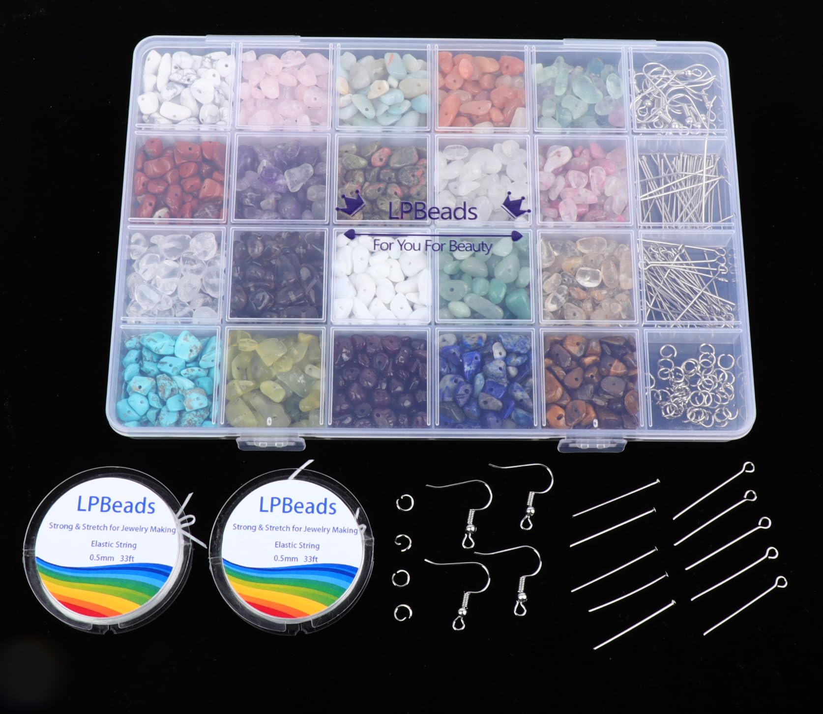 LPBeads Kit de fabricación de joyas, 1200 cuentas de cristal natural en 20 colores de piedras preciosas, anillos de salto, ganchos para aretes, pines, cuerda elástica para pulseras para niñas y