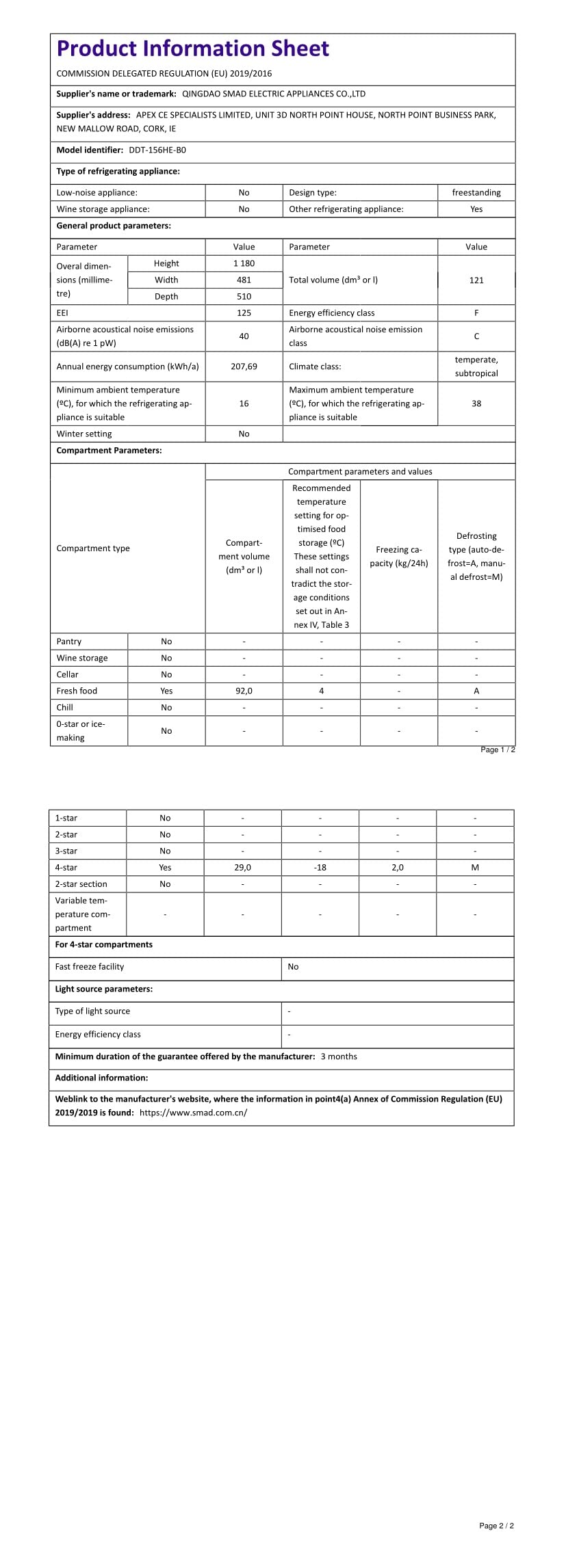 SMETA Freestanding Fridge Freezer 121L, High Fridge Freezer 92/29 for