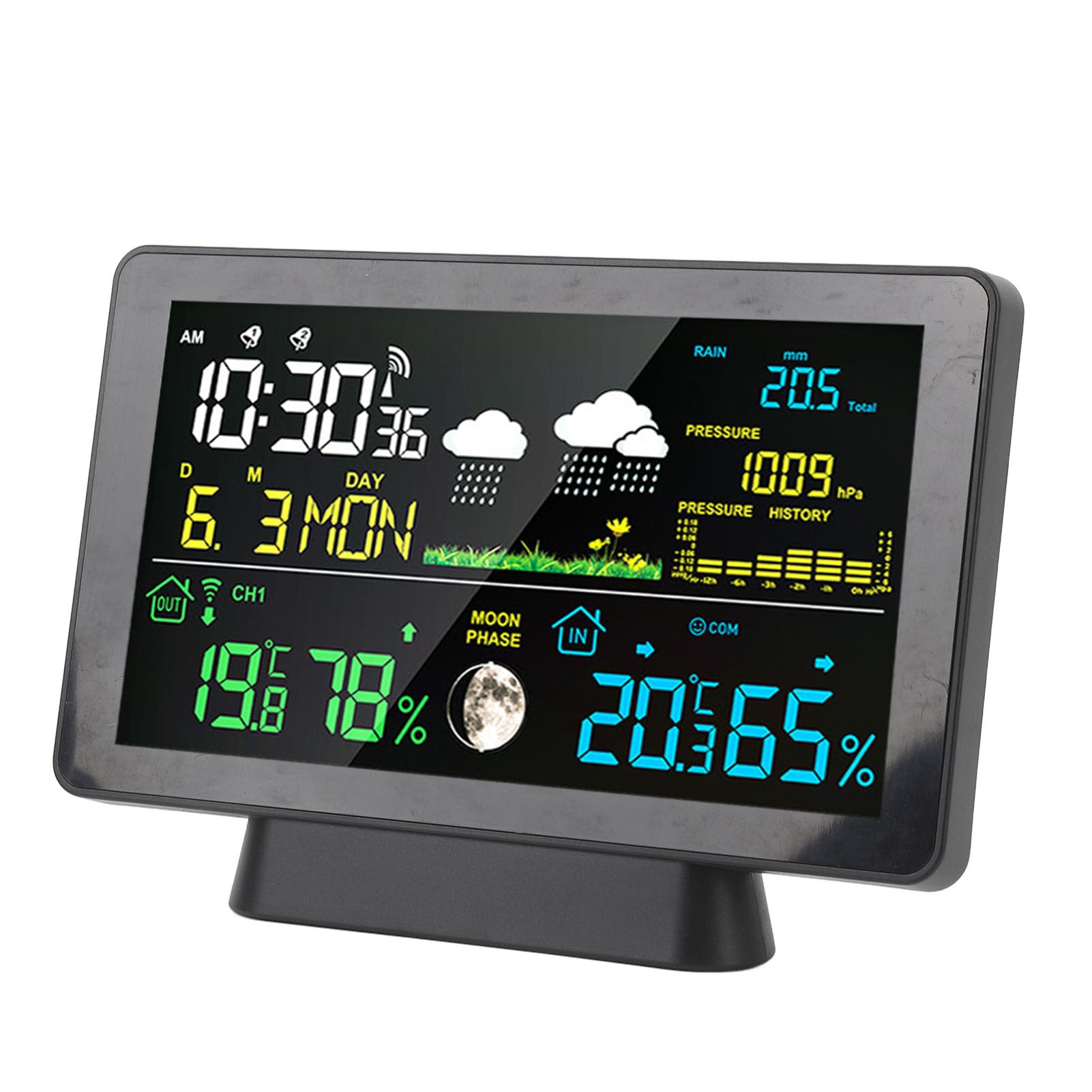Wetterstation mit Sensoren, 7,5 Zoll Farbdisplay Vorhersagestation mit Regenmesser, Digitale Wetteruhr, Kabelloser Innen und Außentemperaturwecker