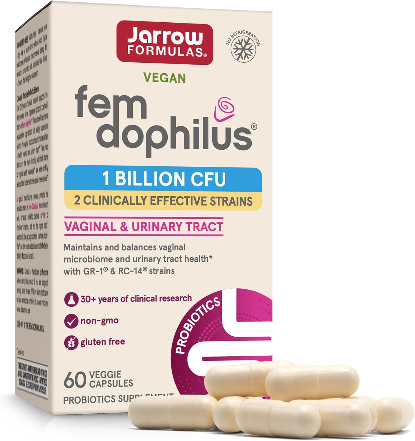 Jarrow FemDophilus Probiotics, Vaginal & Urinary Tract Support, 60 Capsules | Vaginal Health Support, Urinary Tract Support, 1 Billion CFU, Clinically Studied Strains, Shelf-Stable, Vegan, Gluten-Free