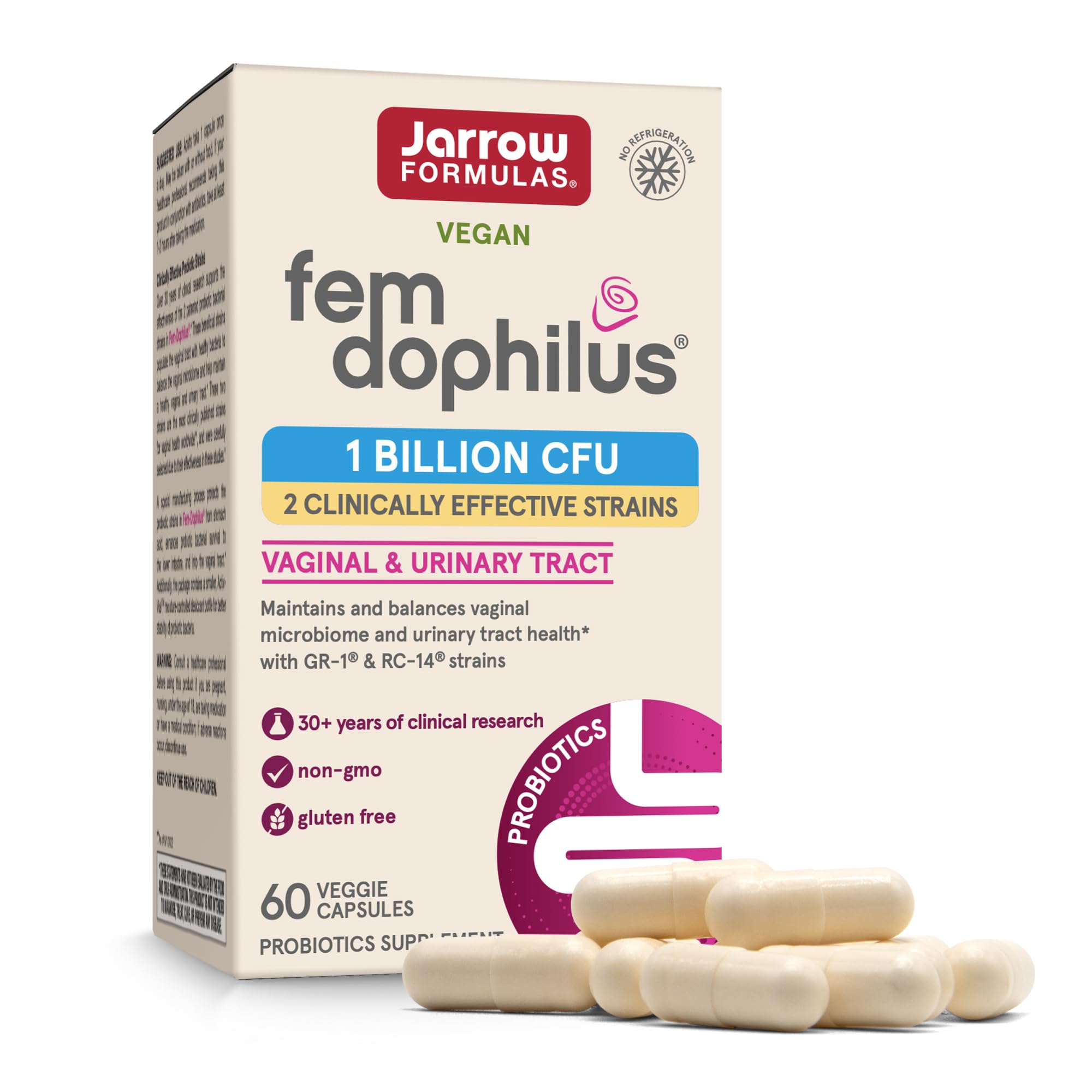 Jarrow FemDophilus Probiotics, Vaginal & Urinary Tract Support, 60 Capsules Unflavored 60 Count (Pack of 1)