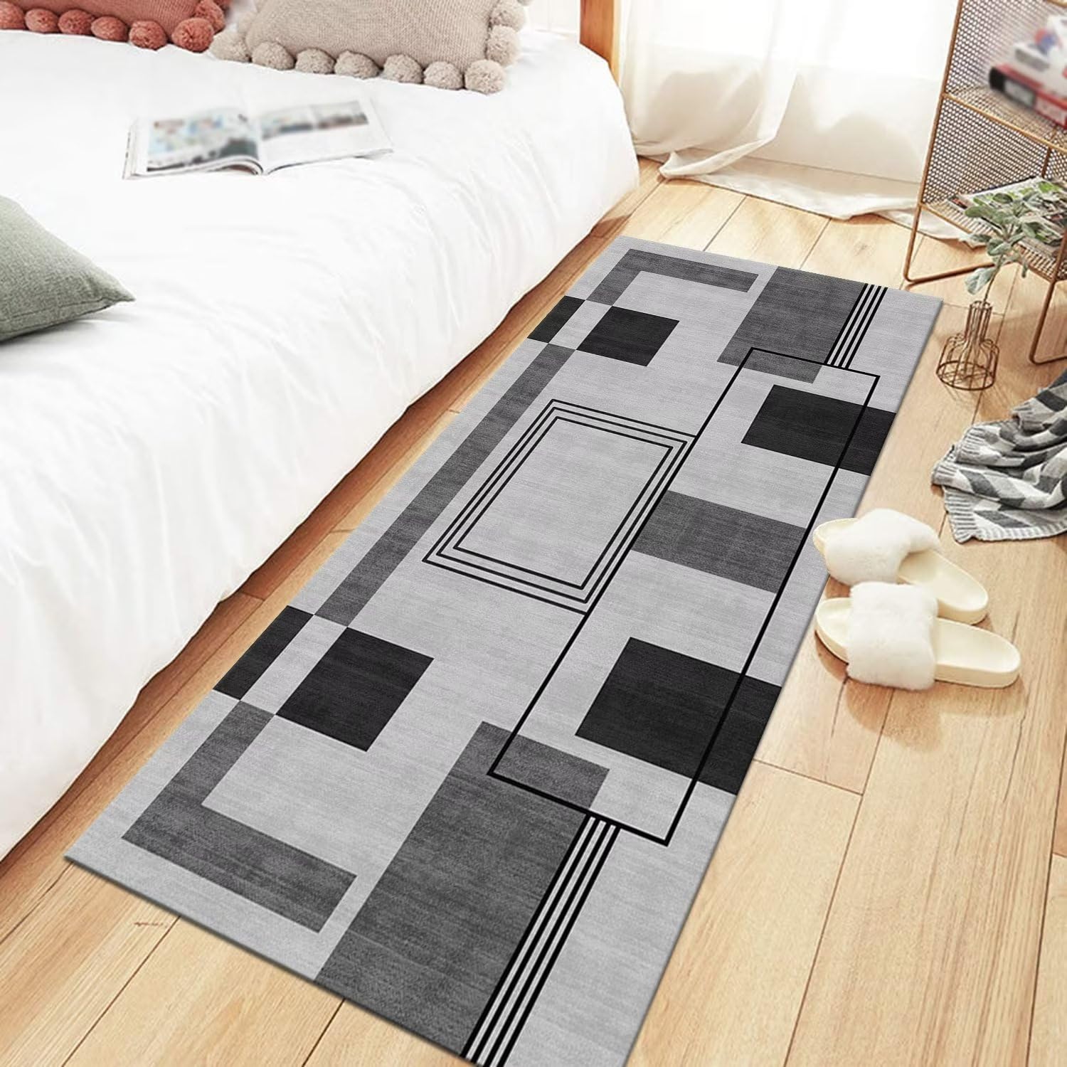 Antypoślizgowy szary czarny chodnik dywan 40 x 300 cm - do kuchni, przedpokoju, salonu, biura, drewniany ochraniacz podłogi, dywan do przedpokoju i sypialni, stylowy nowoczesny design