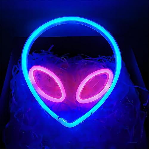 NIWWIN - Señal de luz de neón, cabeza alienígena azul y rosa, luz decorativa de pared, pilas 3AA (no incluidas) O use una fuente de alimentación USB-A,Se utiliza para la decoración del dormitorio. - Alien Rosa azul