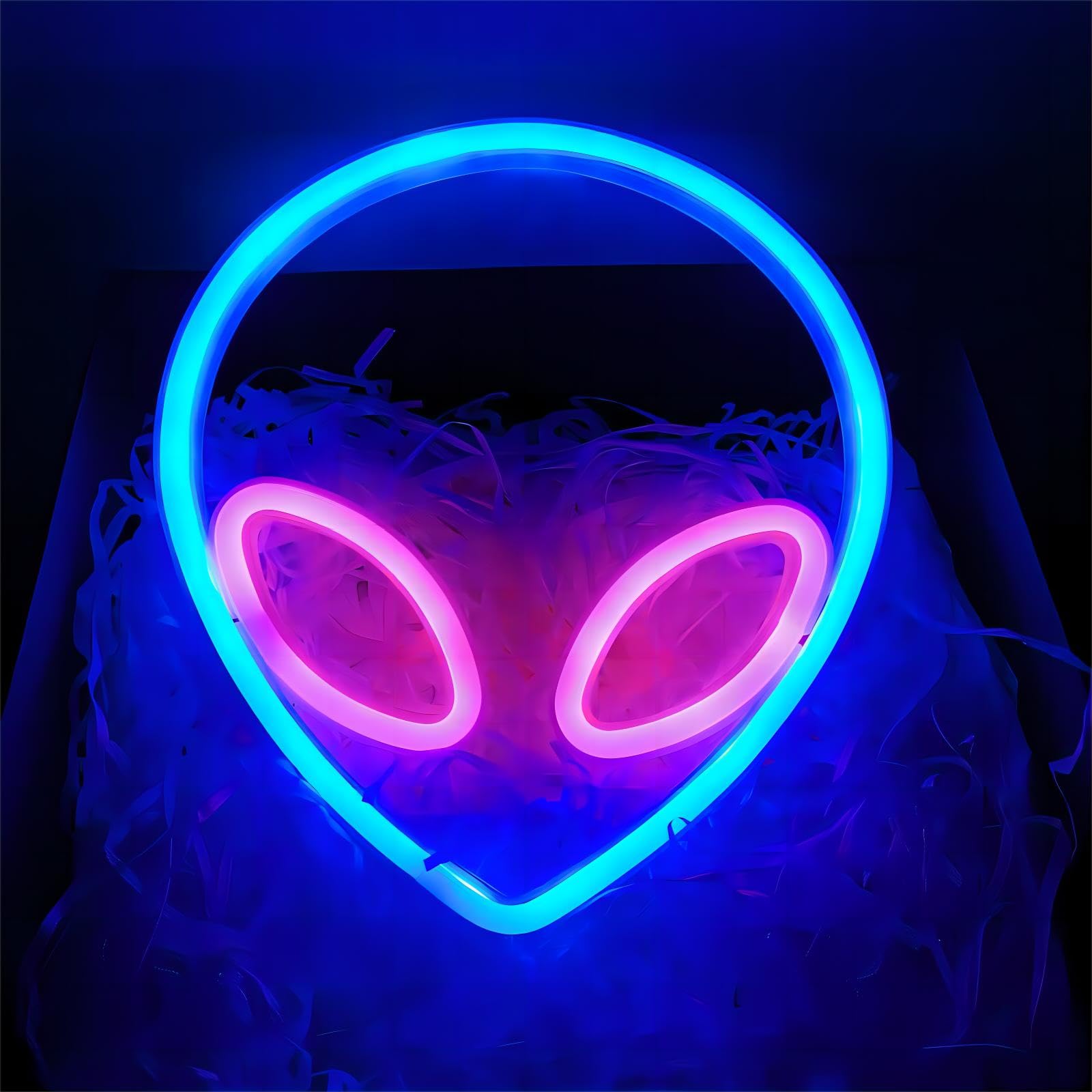 NIWWIN - Señal de luz de neón, cabeza alienígena azul y rosa, luz decorativa de pared, pilas 3AA (no incluidas) O use una fuente de alimentación USB-A,Se utiliza para la decoración del dormitorio.