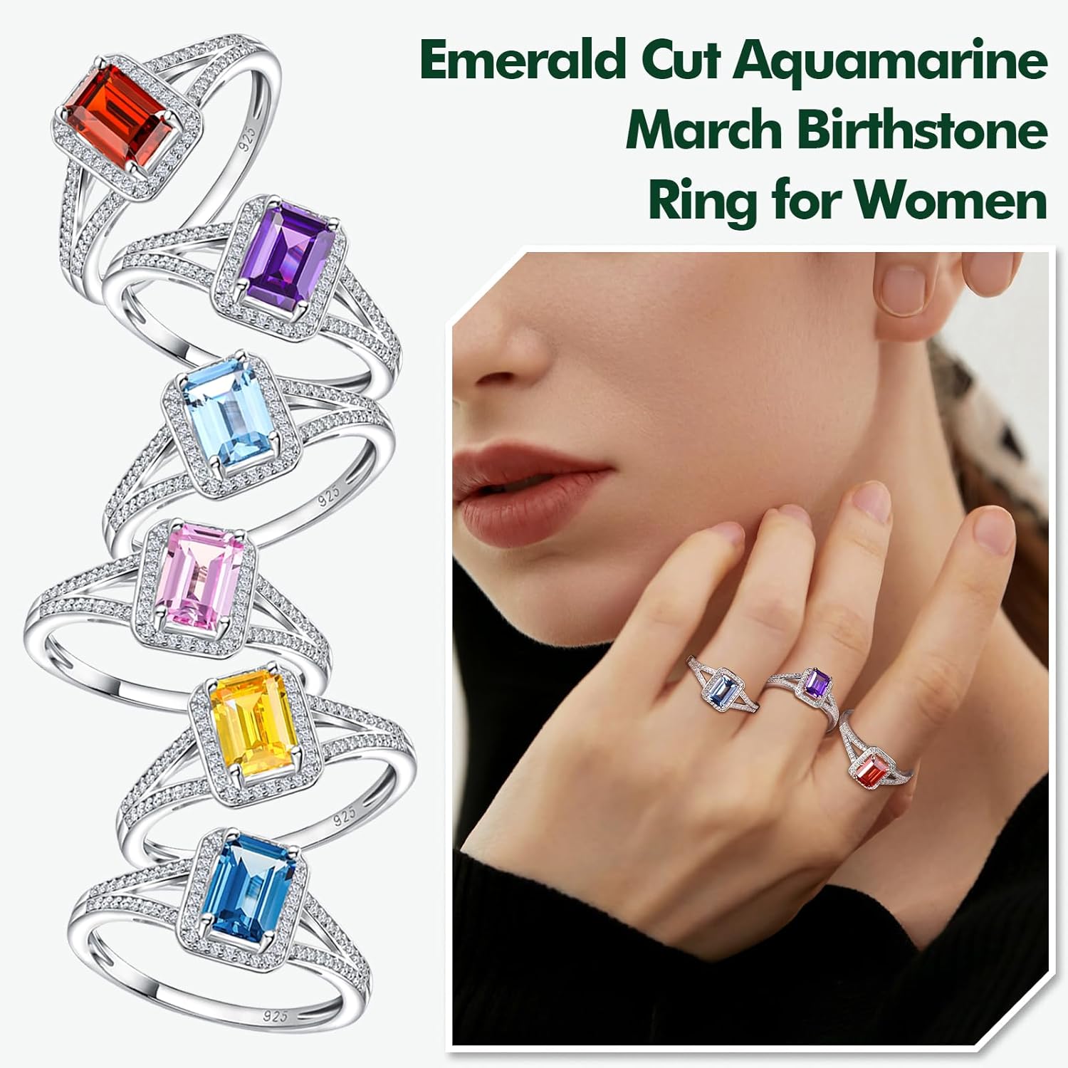 925 Sterling Silver Emerald Cut Engagement Ring Created Gemstome Cubic Zirconia Wedding Promise Ring Split Shank Halo Birthstone Rings for Women Size 6-10 - Image 3