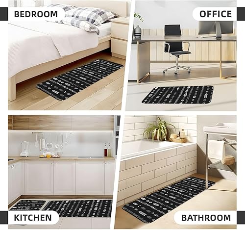 Miniatura 6 de Antifatigue Kitchen Mats for Floor 2 Piece - Retro White Black Feathers Print Kitchen Rugs Non Slip Washable, Runner Rug Standing Mat for