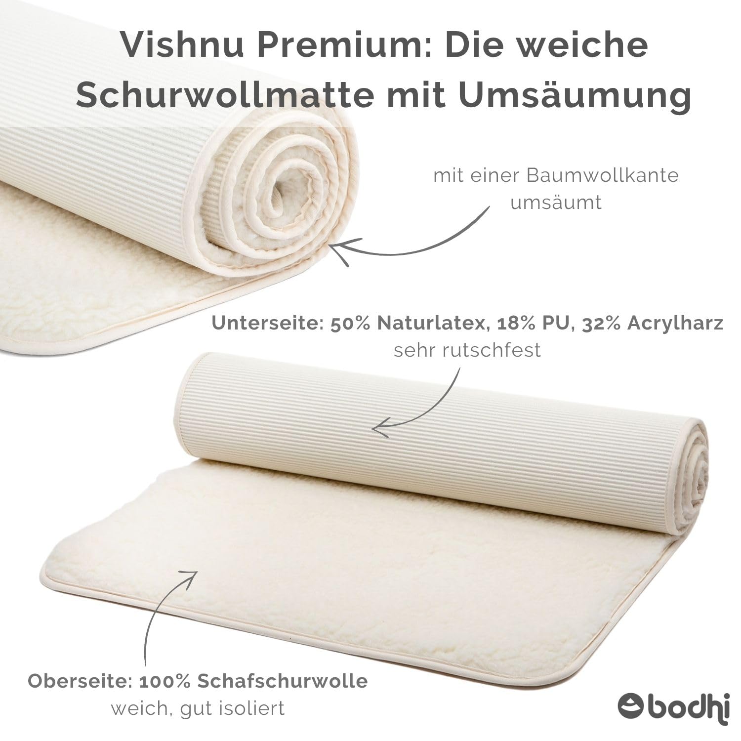 bodhi Schurwoll-Yogamatte Premium (umgesäumt) | Natur | Schurwollmatte | 100% Schafschurwolle (1200 g/m²)| Weich & Isolierend | VISHNU