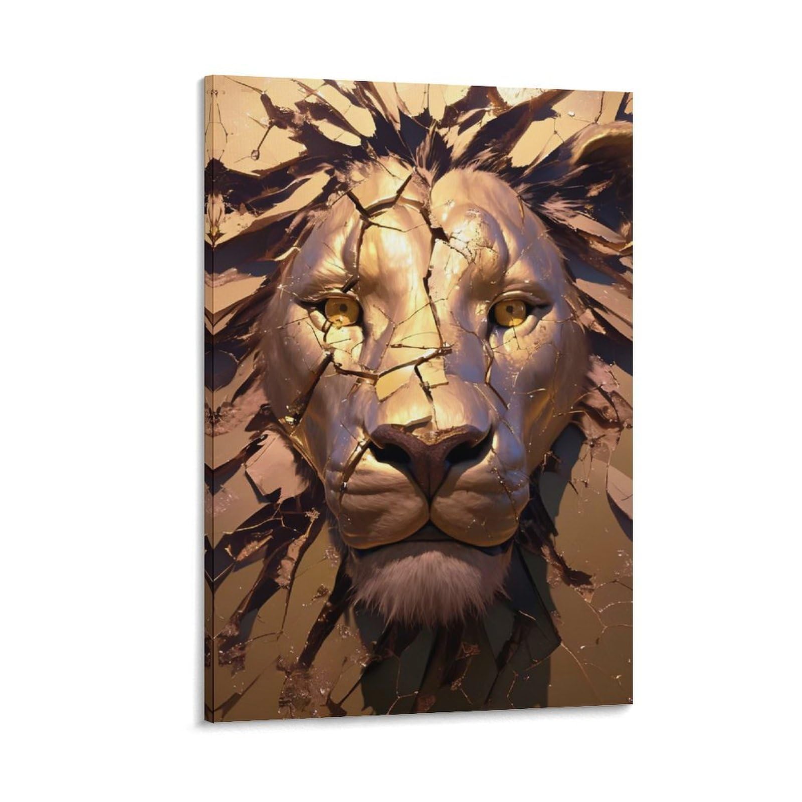 Junmoney Leinwand Wandbild Golden Lion Head with Cracks, 16x24inch(40x60cm), Für Wohnzimmer, Flur Oder Schlafzimmer, Wohnakzent Mit Ruhiger Ausstrahlung