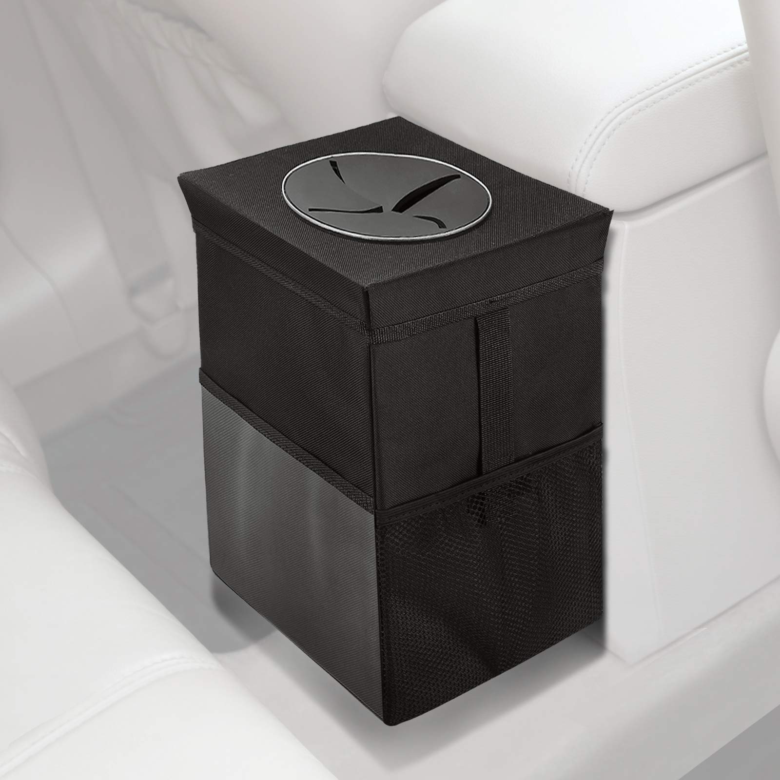 Beicarin Car Trash Can with Lid - Car Trash Bag Hanging with Storage Pockets Collapsible and Portable Car Garbage Bin, Leak-Proof Car Organizer, 1.82 Gallons Multipurpose Trash Bin for Car