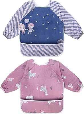 Viedouce Bavaglino Neonato con Maniche, Impermeabile Bavaglino Manica Lunga, Bavaglino Bandana Drool con Tasca Frontale, Grembiule Bavaglino per Ragazzi Ragazze da 6 Mesi a 3 Anni (2 pacchi)