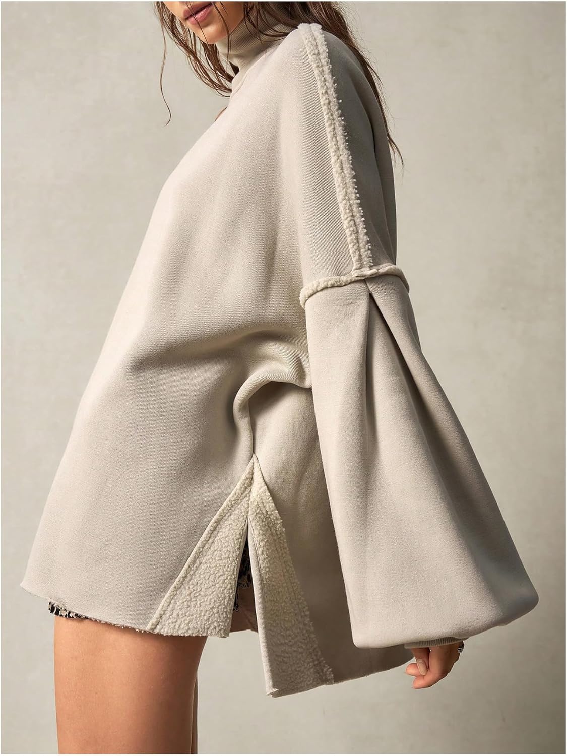 Women's Oversized High Neck Sweatshirts Long Sleeve Split Fuzzy Pullover Tops - Image 2