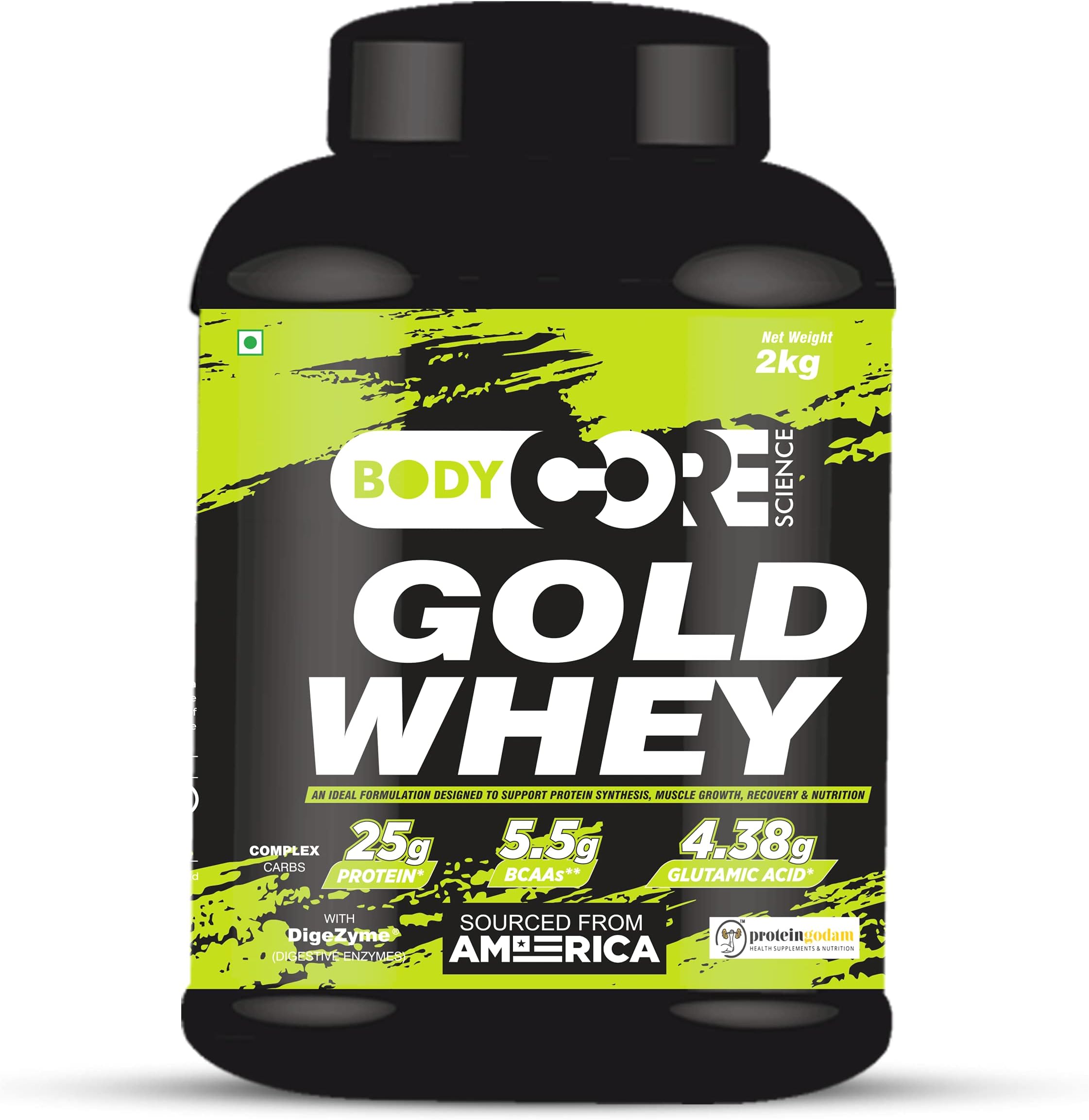 Body Core Science Gold Whey-Green(Strawberry-2Kg) Pack of 1,Protein(25g),Total Serving per container-66,Serving Size-30g,Added Suger-0,BCAA-5.5g,Glutamic Acid-4.38g.