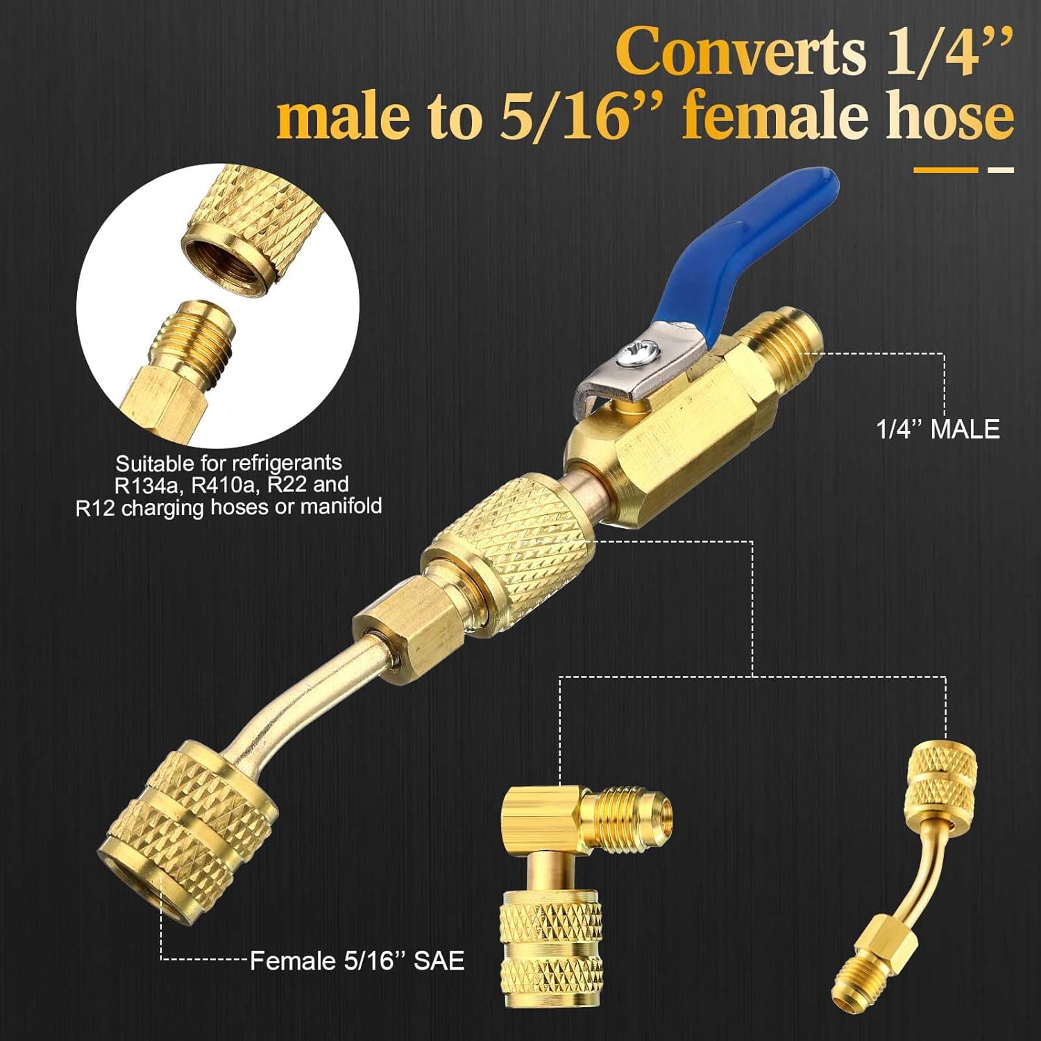 Mudder 7 Pcs Air Conditioning Refrigerant Compact Ball Valve 1/4 Inch for R410A R134A R12 R22 HVAC Adapter 5/16Inch Female to 1/4Inch Male(Gold,3 Straight Ball Valve, 2 Angle+2 Right Angle Adapter)